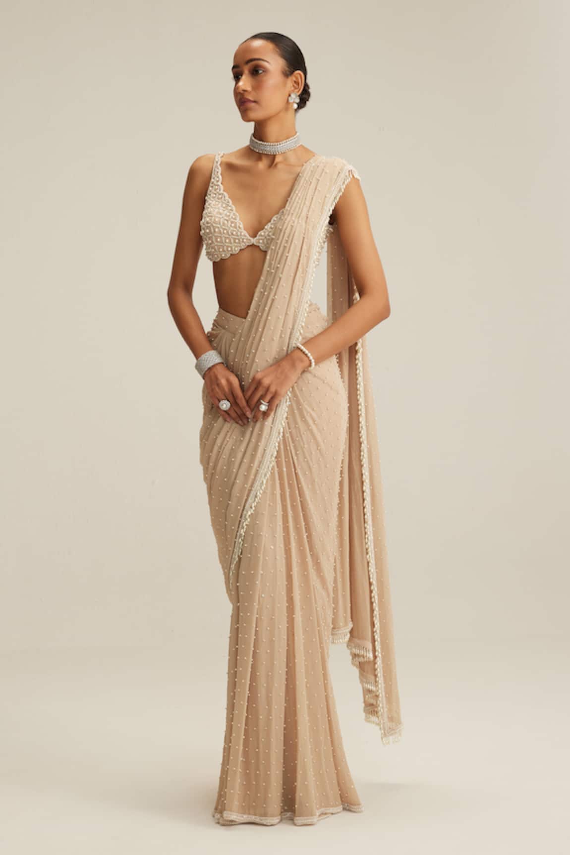 Vvani By Vani Vats Light Beige Draped Saree Set