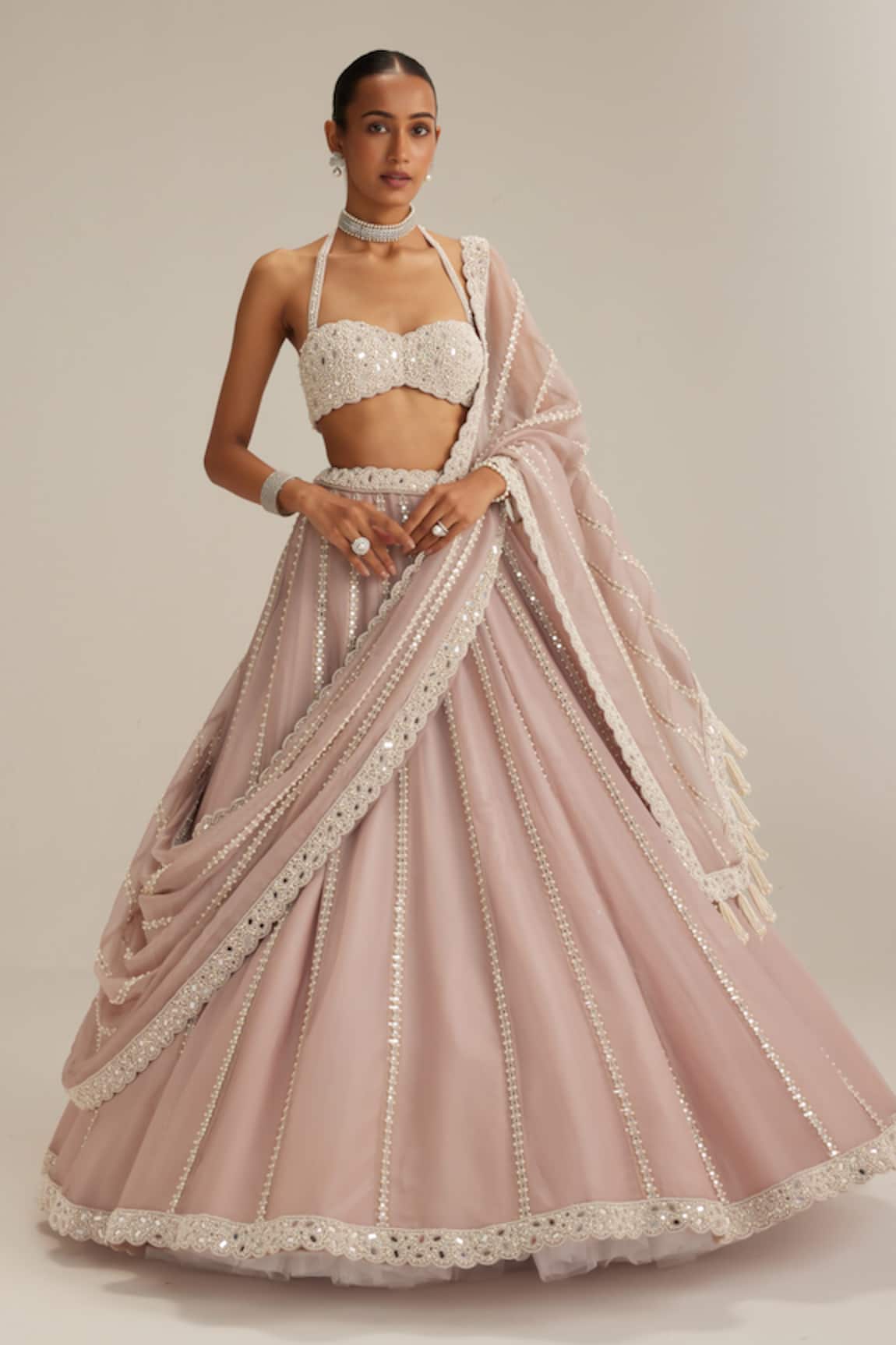 Vvani By Vani Vats Ash Pink Linear Embroidered Organza Lehenga Set
