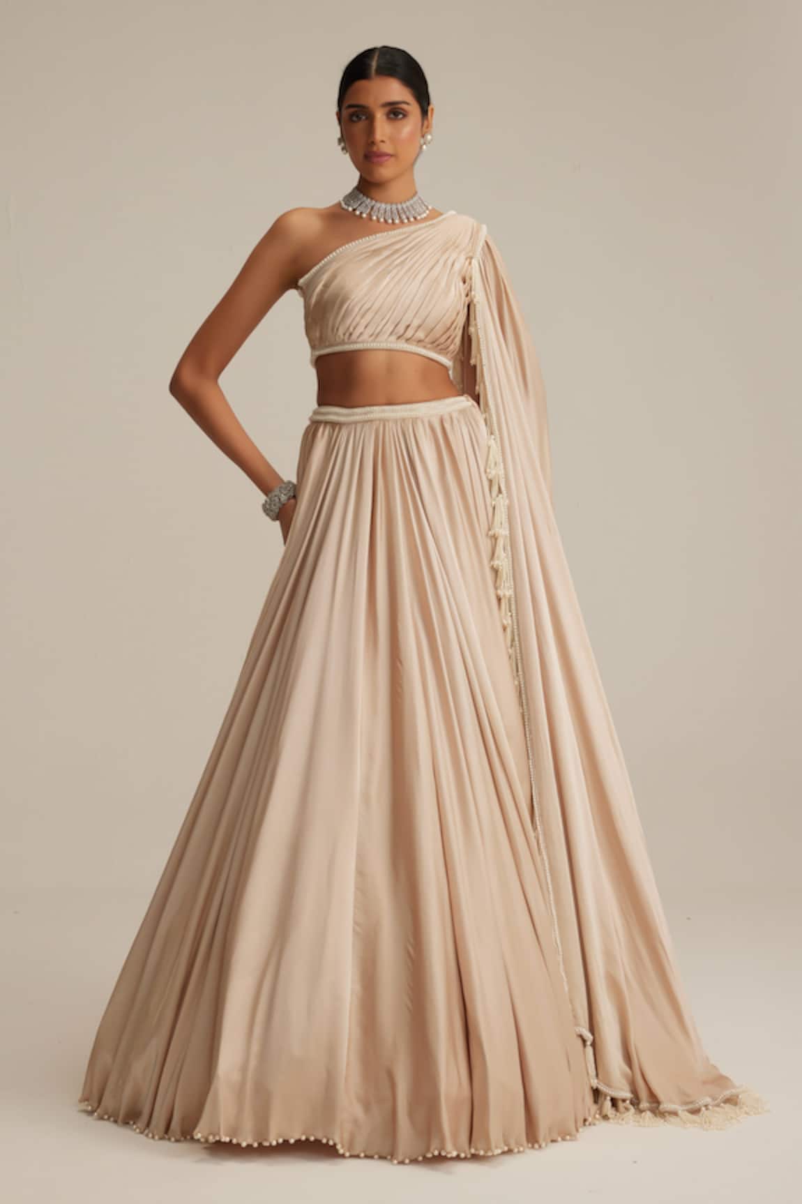 Vvani By Vani Vats Light Beige Satin Lehenga Set
