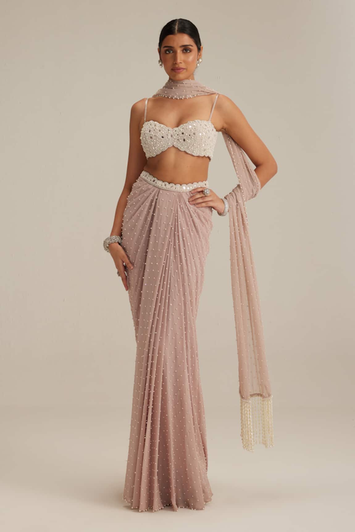 Vvani By Vani Vats Ash pink Pearl Scattered draped skirt set