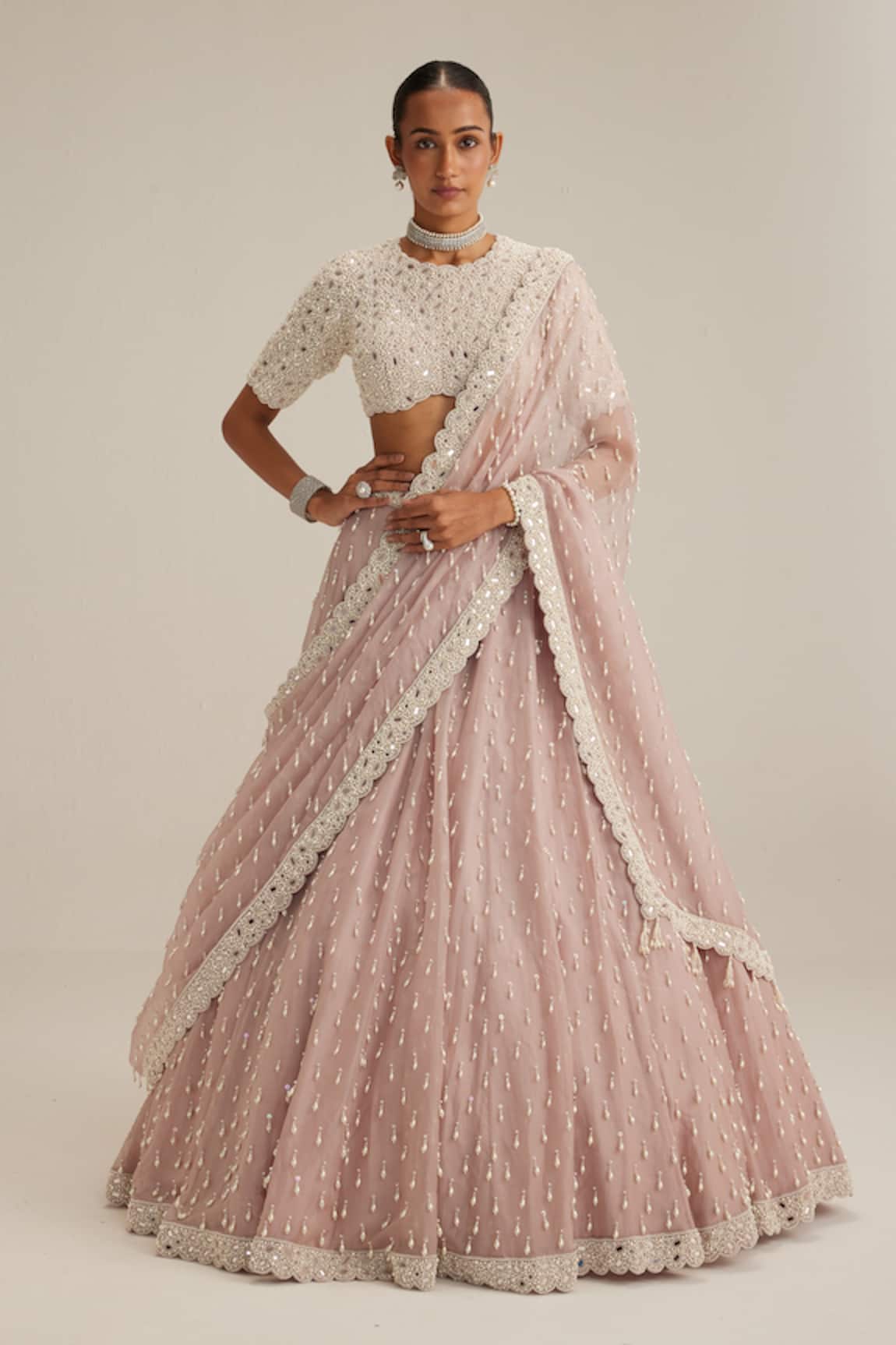 Vvani By Vani Vats Ash Pink Pearl Drop Lehenga Set