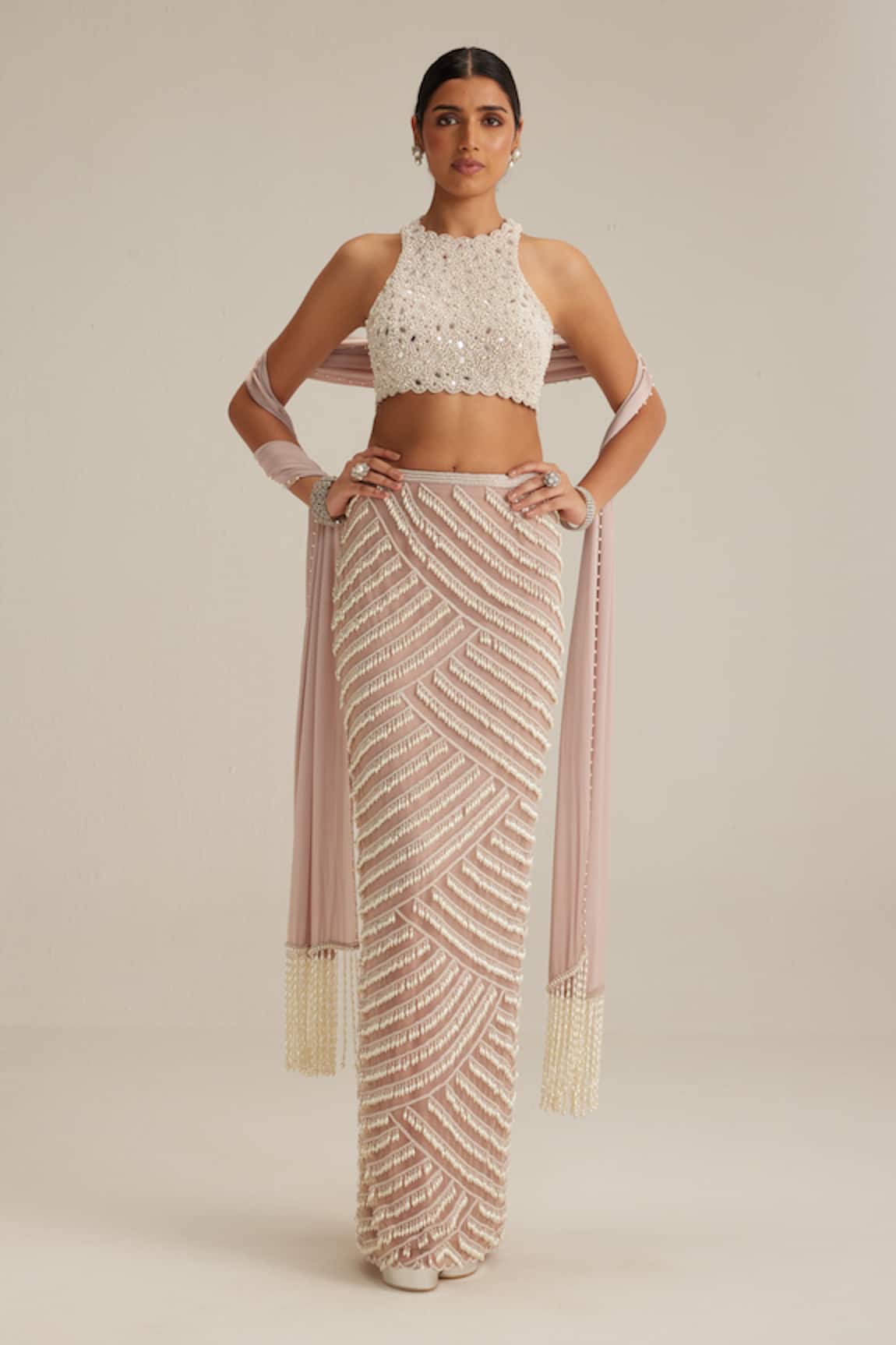 Vvani By Vani Vats Ash Pink Pearl Drop Pencil Skirt Set