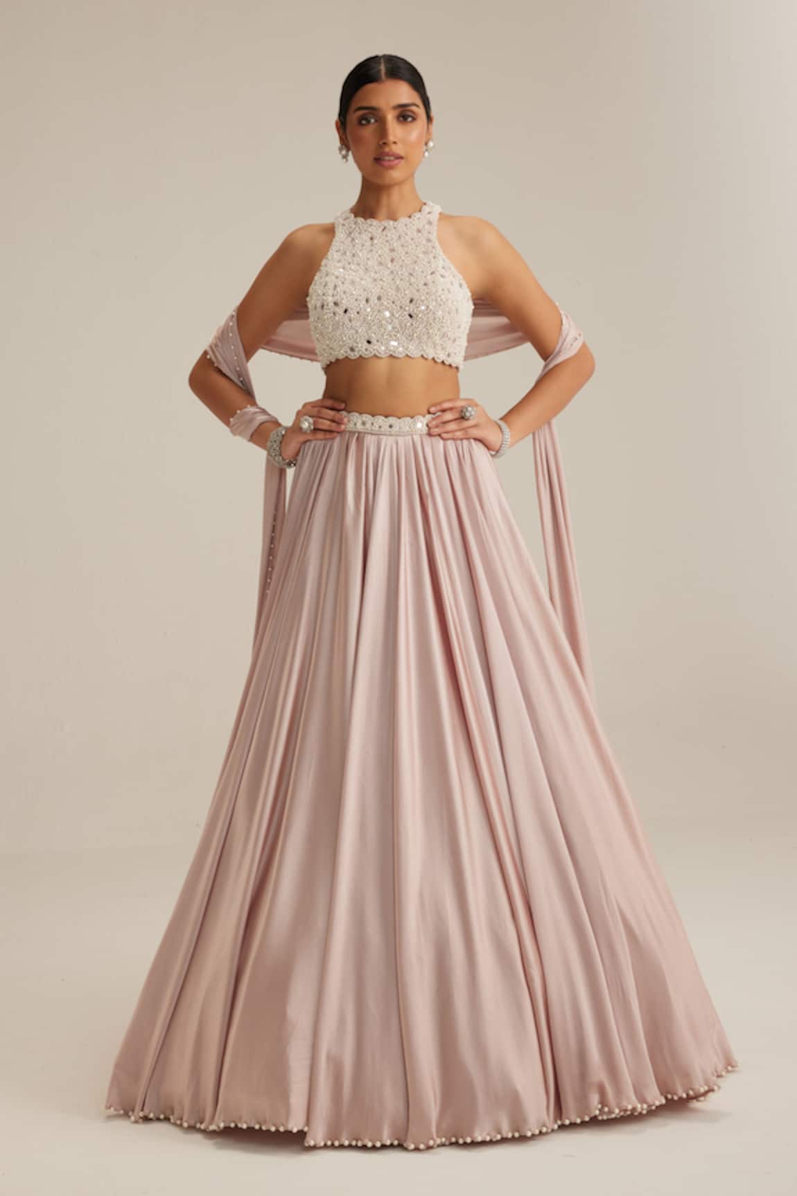 Vvani By Vani Vats Ash Pink Satin Skirt Set