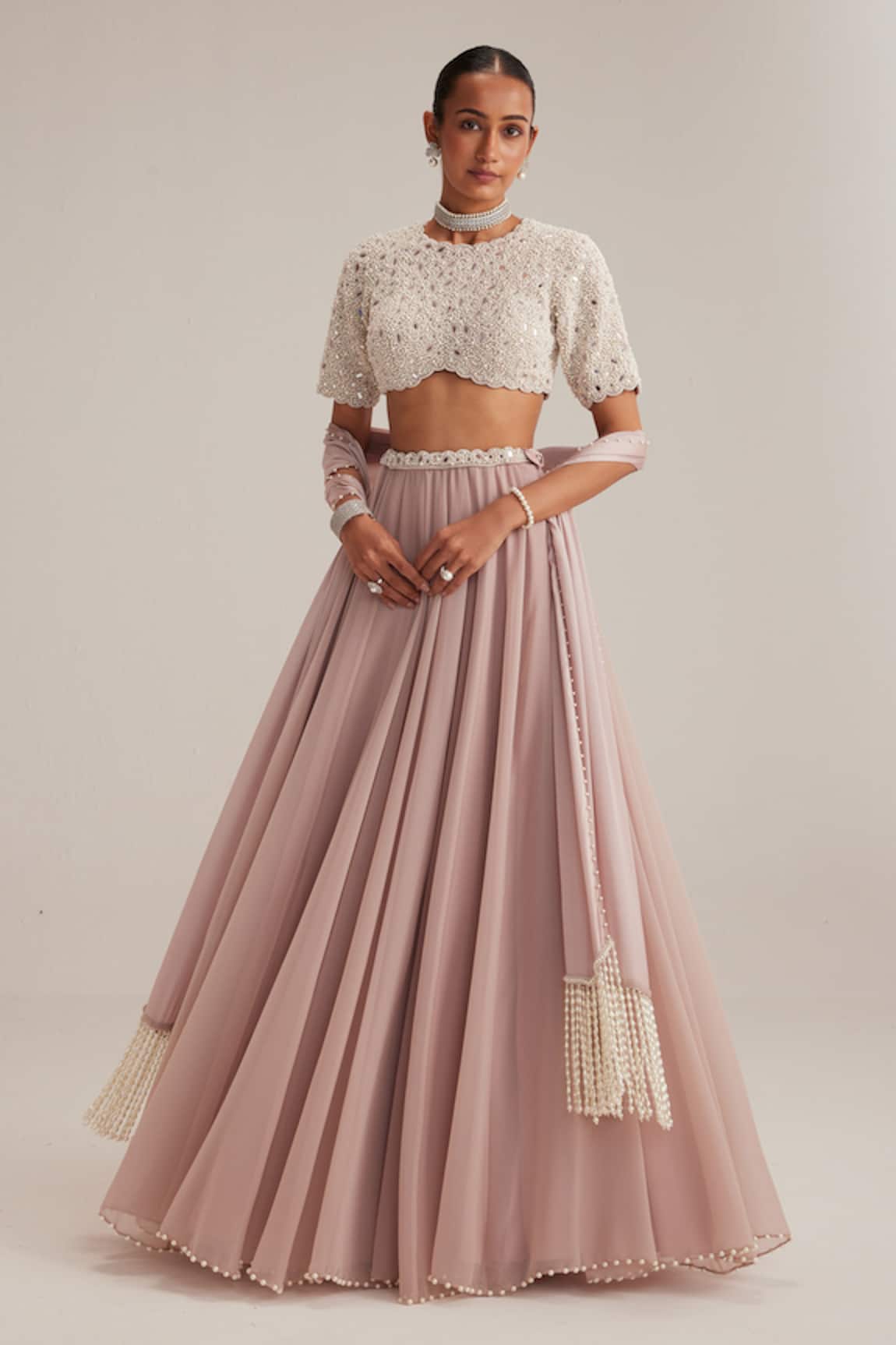 Vvani By Vani Vats Mirror & Pearl Work Blouse Skirt Set