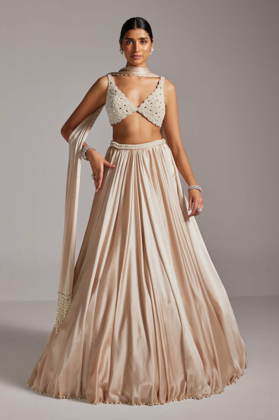 Vvani By Vani Vats Light Beige V Neck Blouse & Satin Skirt Set