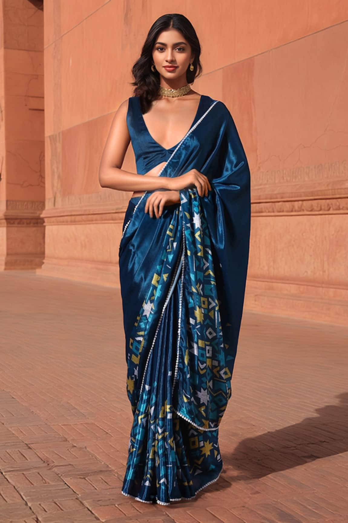 Naintara Bajaj Geometric Print Pre-Draped Saree With Blouse 