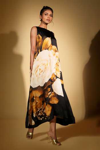 Isadaa By Rotna Dutt Digital Printed Floral Satin Georgette Dress 