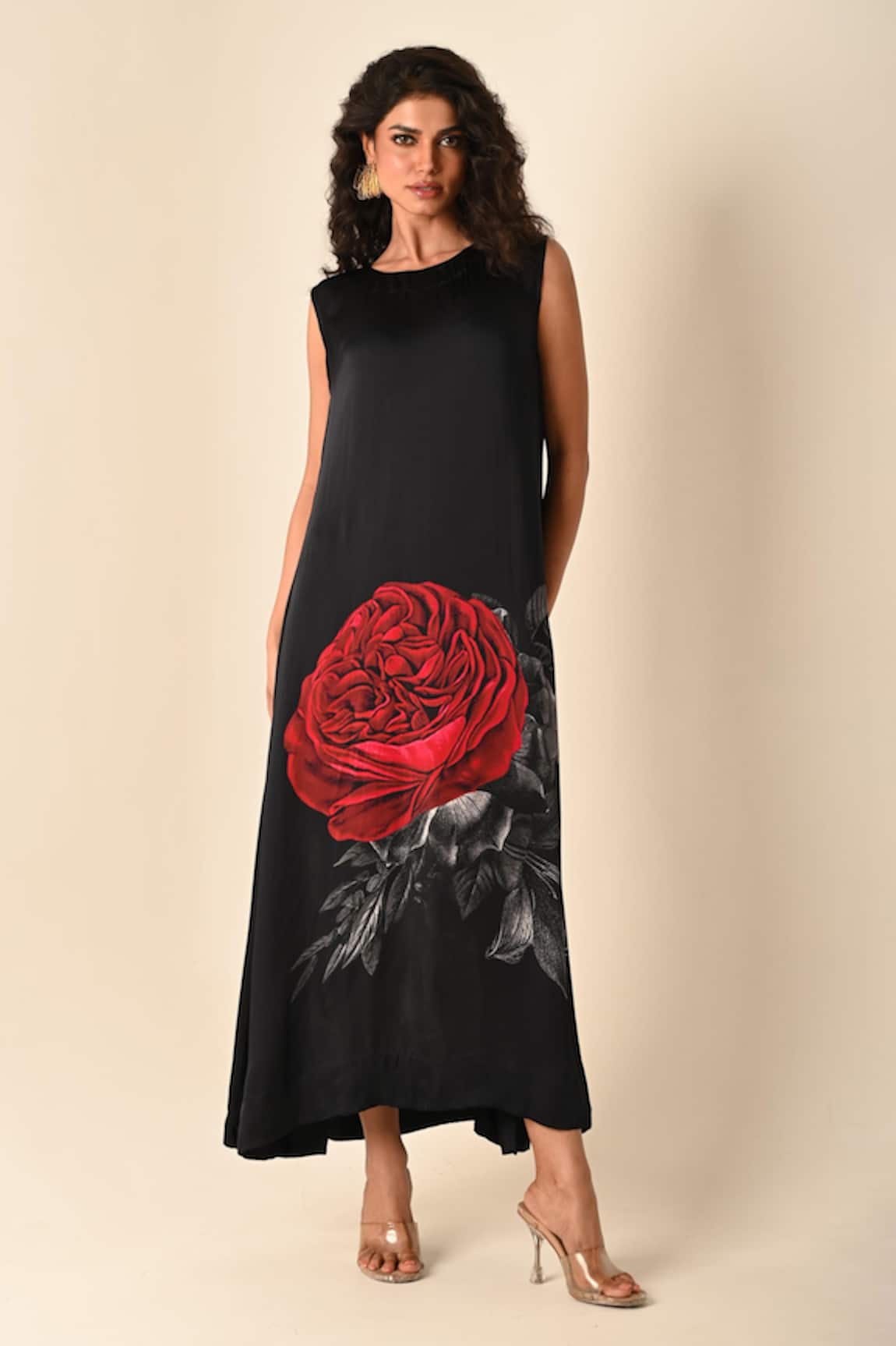 ISADAA BY ROTNA DUTT Digital Print Rose Motif Satin Georgette Dress 