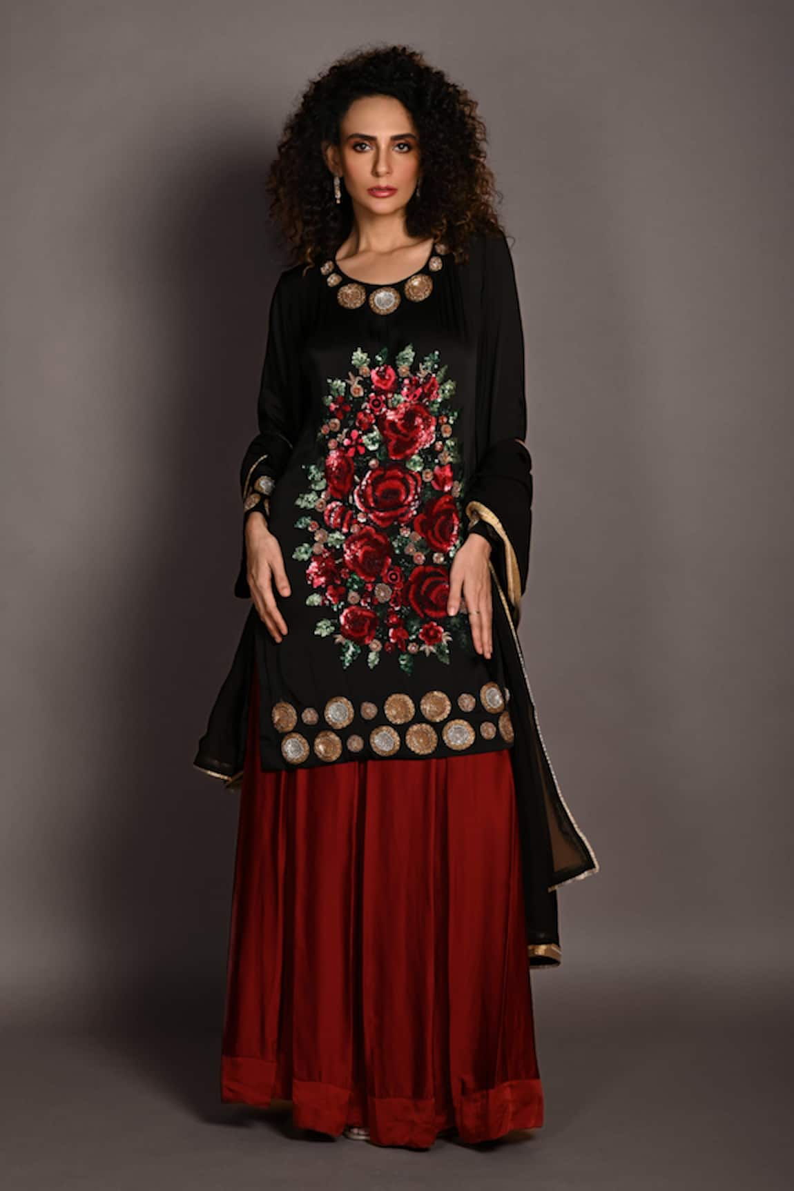 ISADAA BY ROTNA DUTT Floral Hand Embroidered Kurta Lehenga Set 