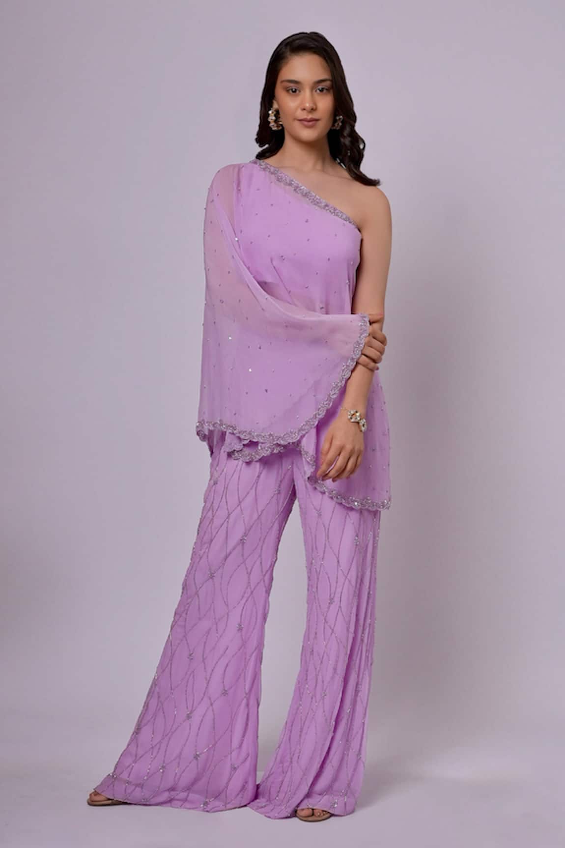 Richa Jaisinghani Label Amethyst Bloom One Shoulder Cape Pant Set