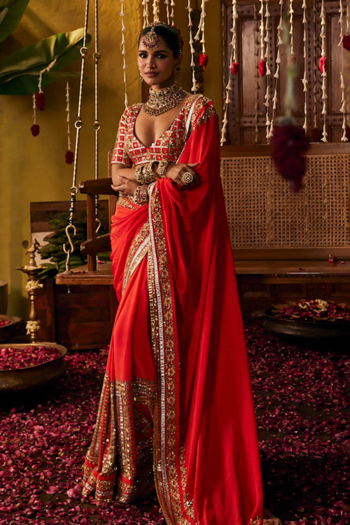 The Royaleum Liyana Red Silk Saree With Embroidered Blouse 