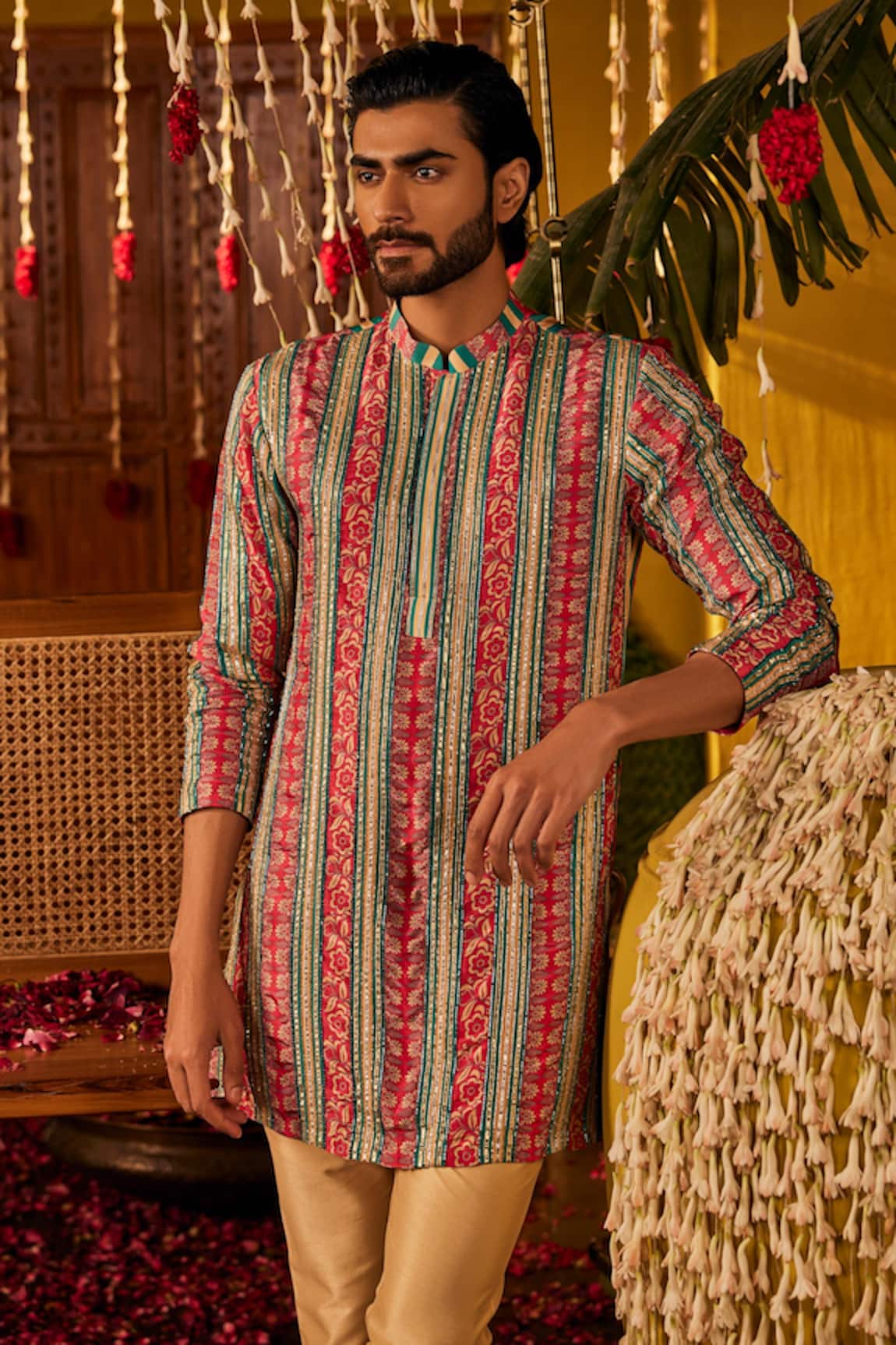 The Royaleum Avi Printed Striped Silk Kurta 