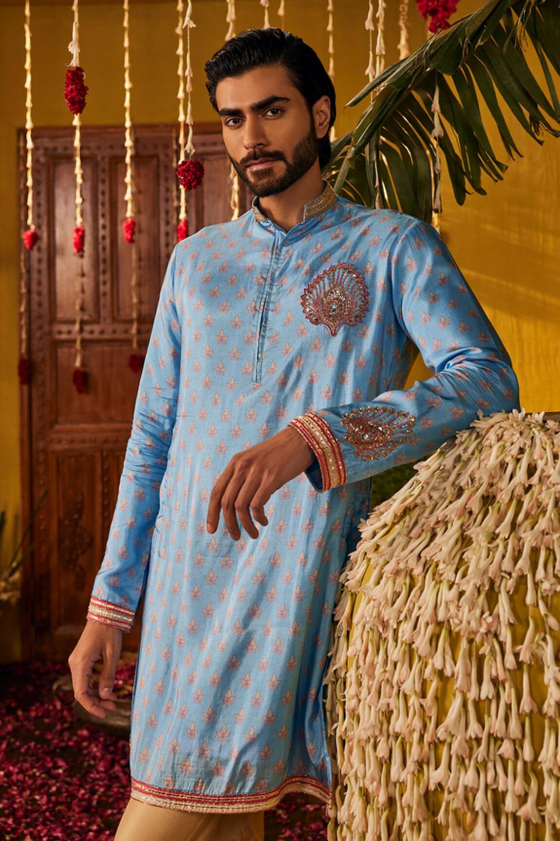 The Royaleum Zayan Printed Silk Kurta With Embroidered Yoke 