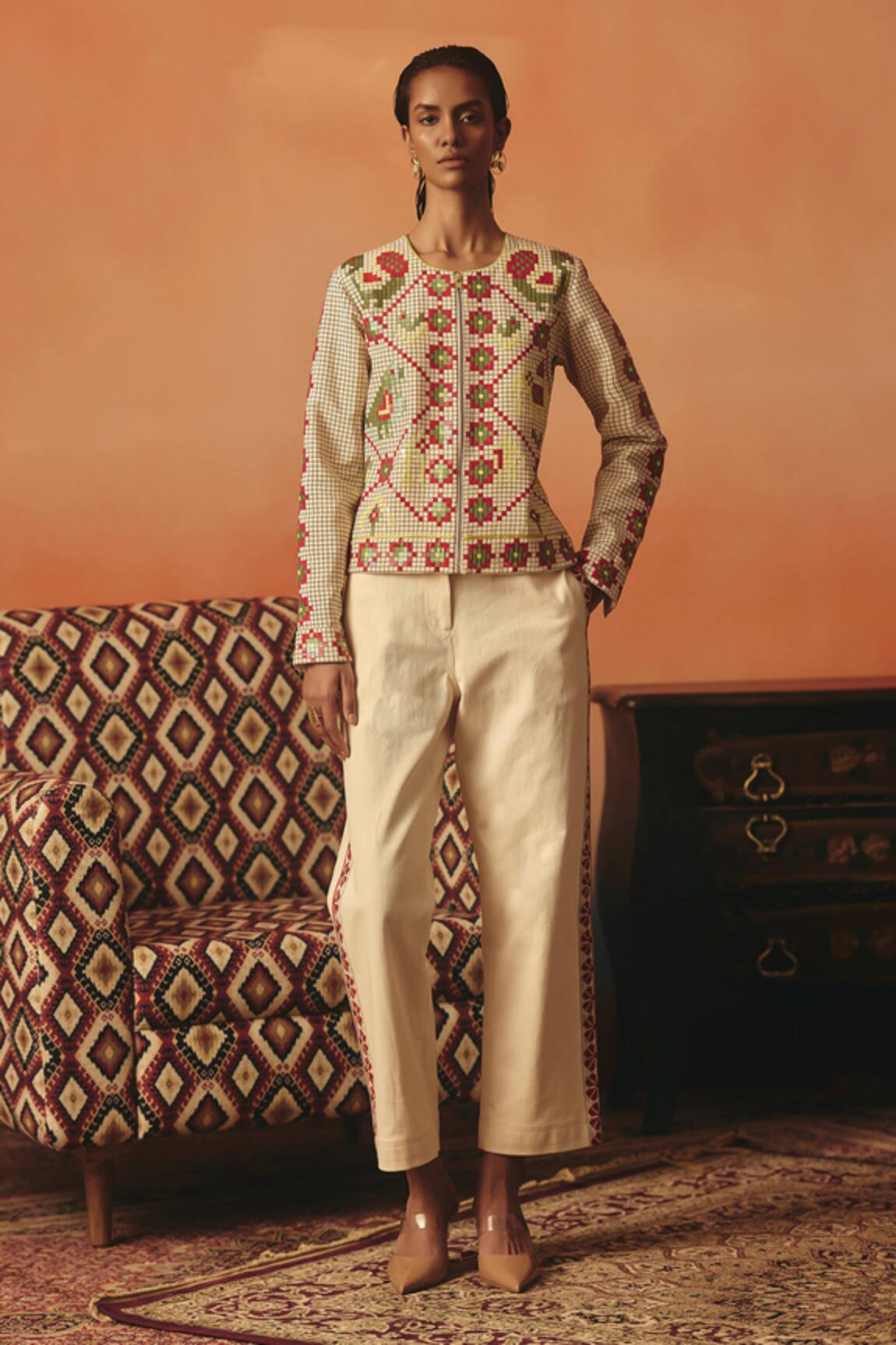 Pooja Rajgarhia Gupta Biege Ikat Pattern Denim Trouser 