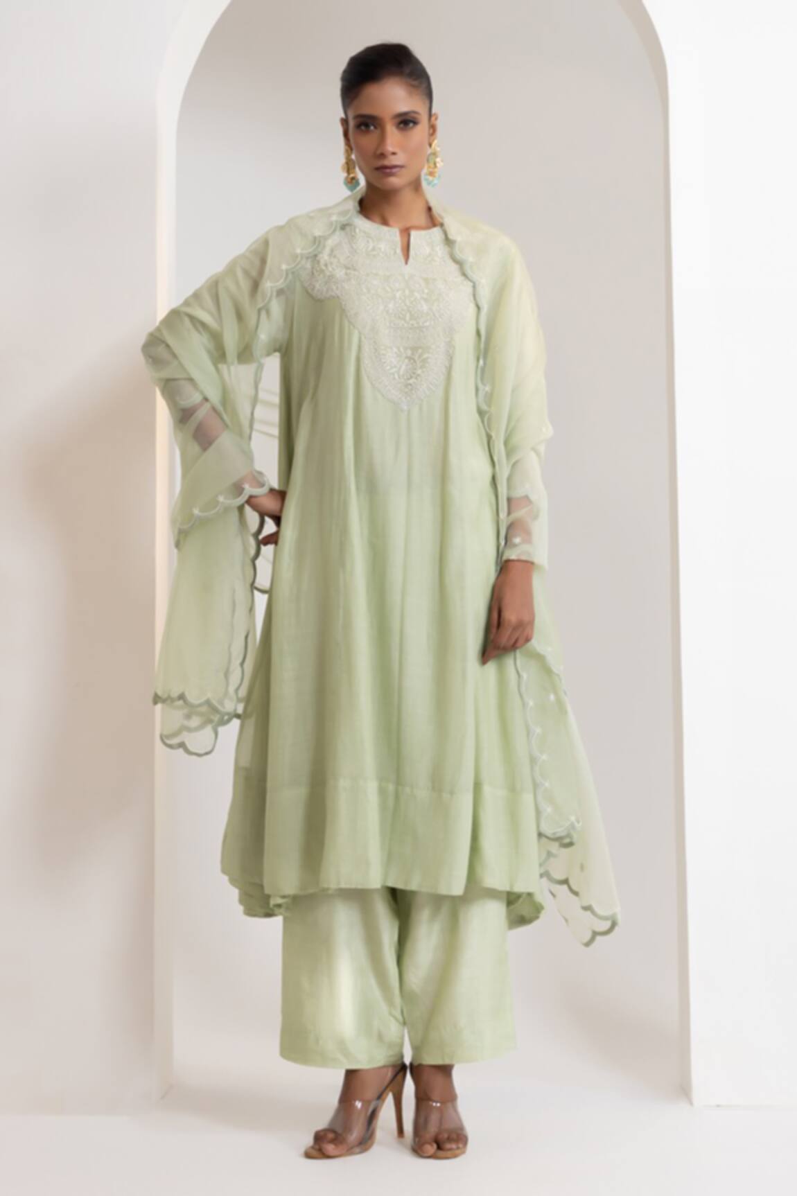 Oshi By Shikha Pearl Embroidered Flared Kurta Pant Set