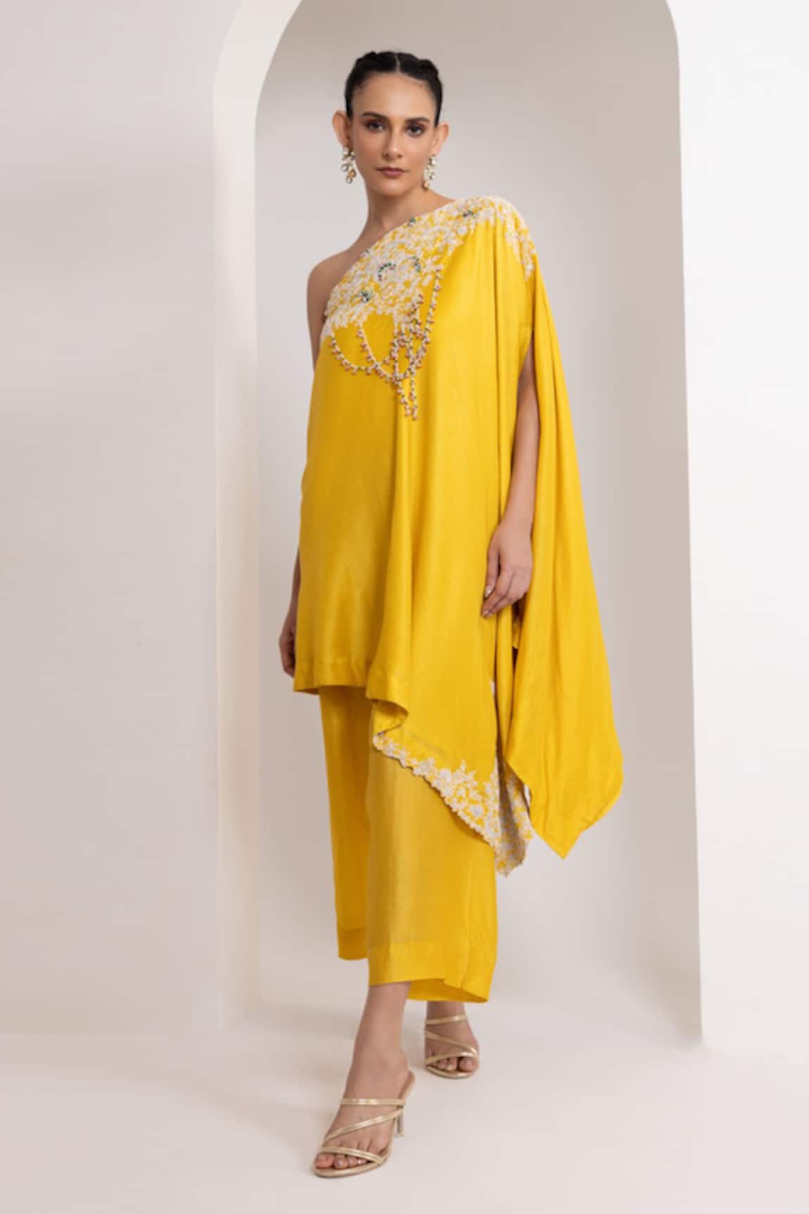 Oshi By Shikha Pearl Embroidered One Shoulder Tunic & Pant