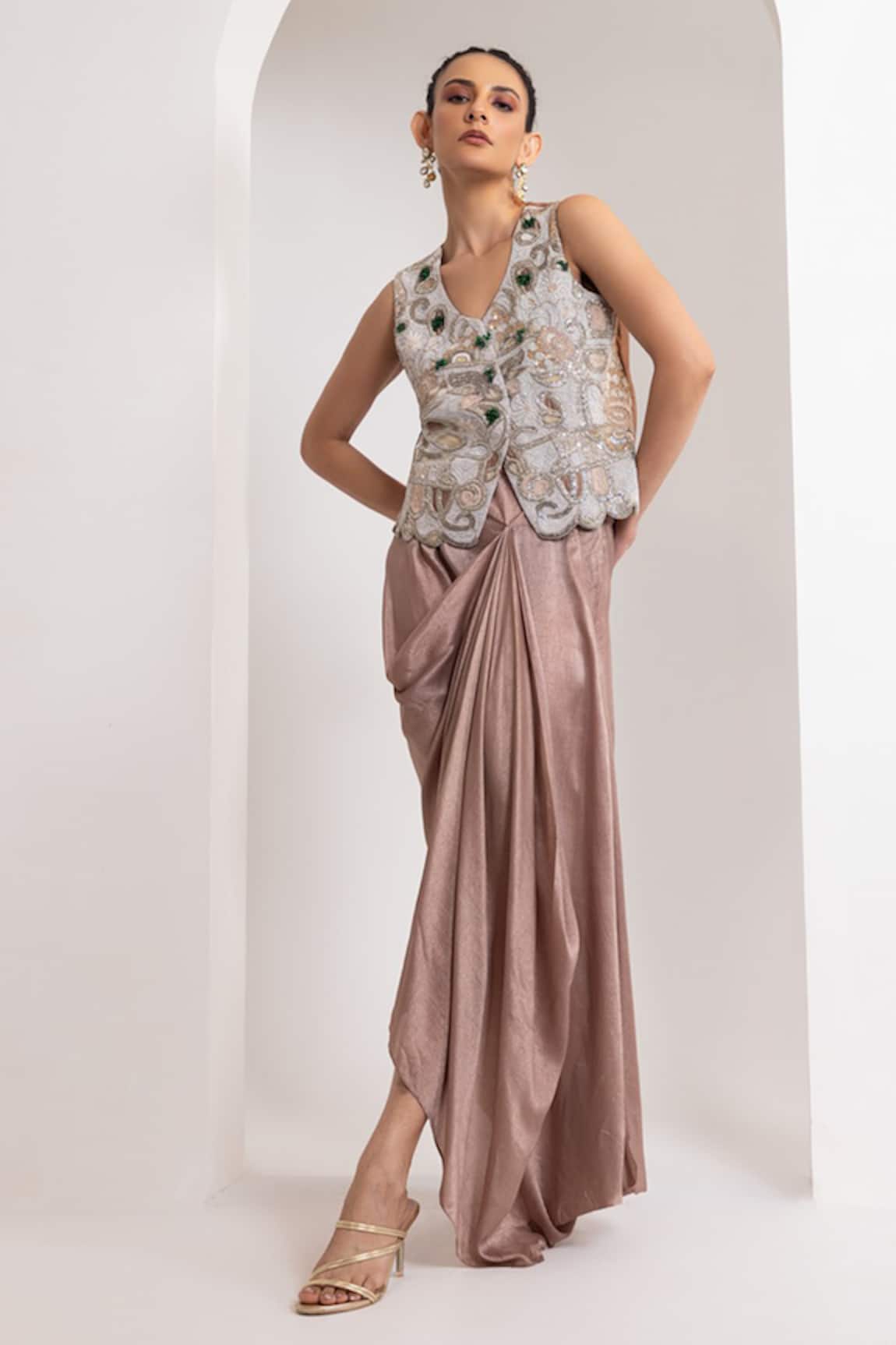 Oshi By Shikha Zardozi Embroidered Waistcoat & Draped Skirt