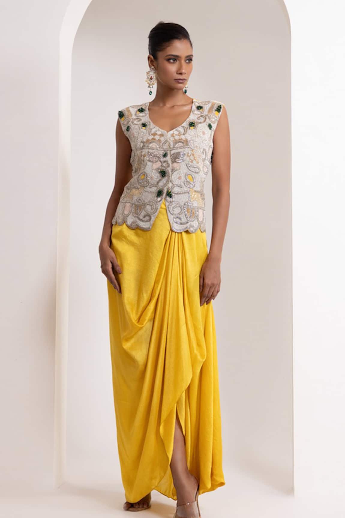 Oshi By Shikha Zardozi Embroidered Waistcoat & Draped Skirt