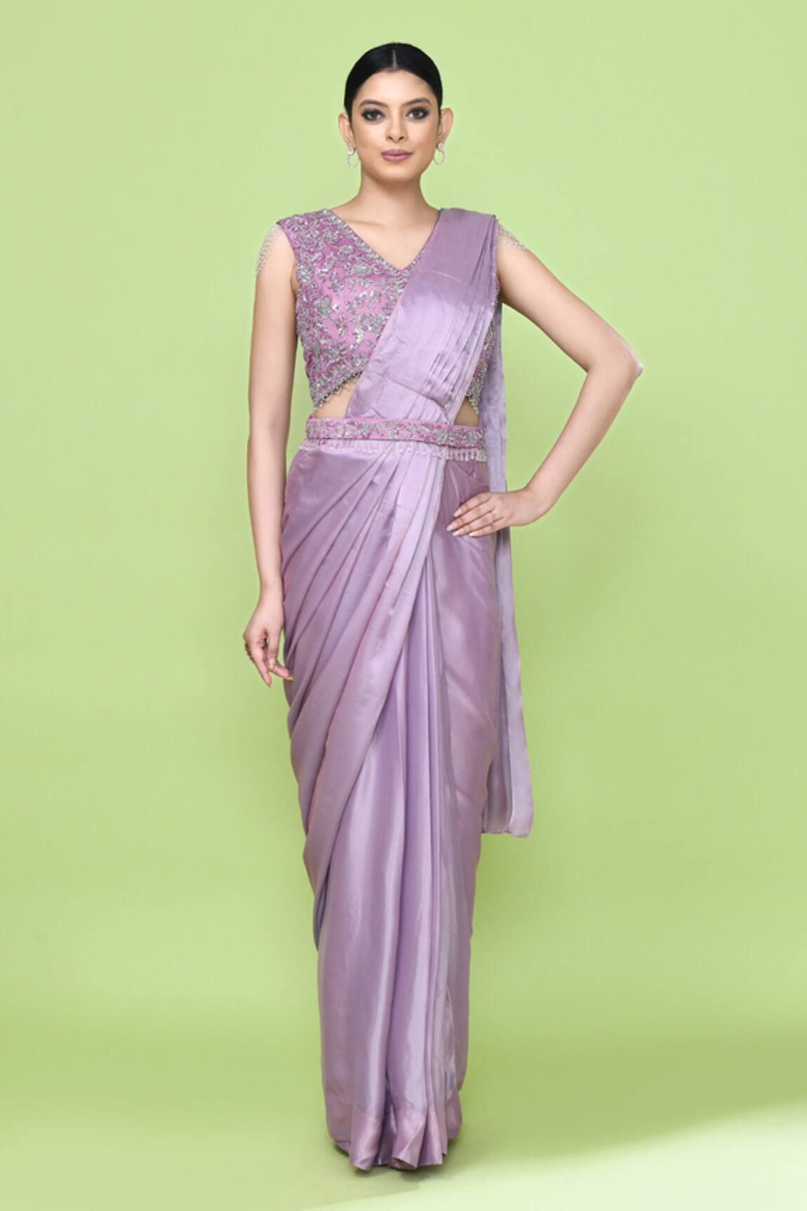 Sayisha Solid Pre-Draped Saree With Sleeveless Blouse 