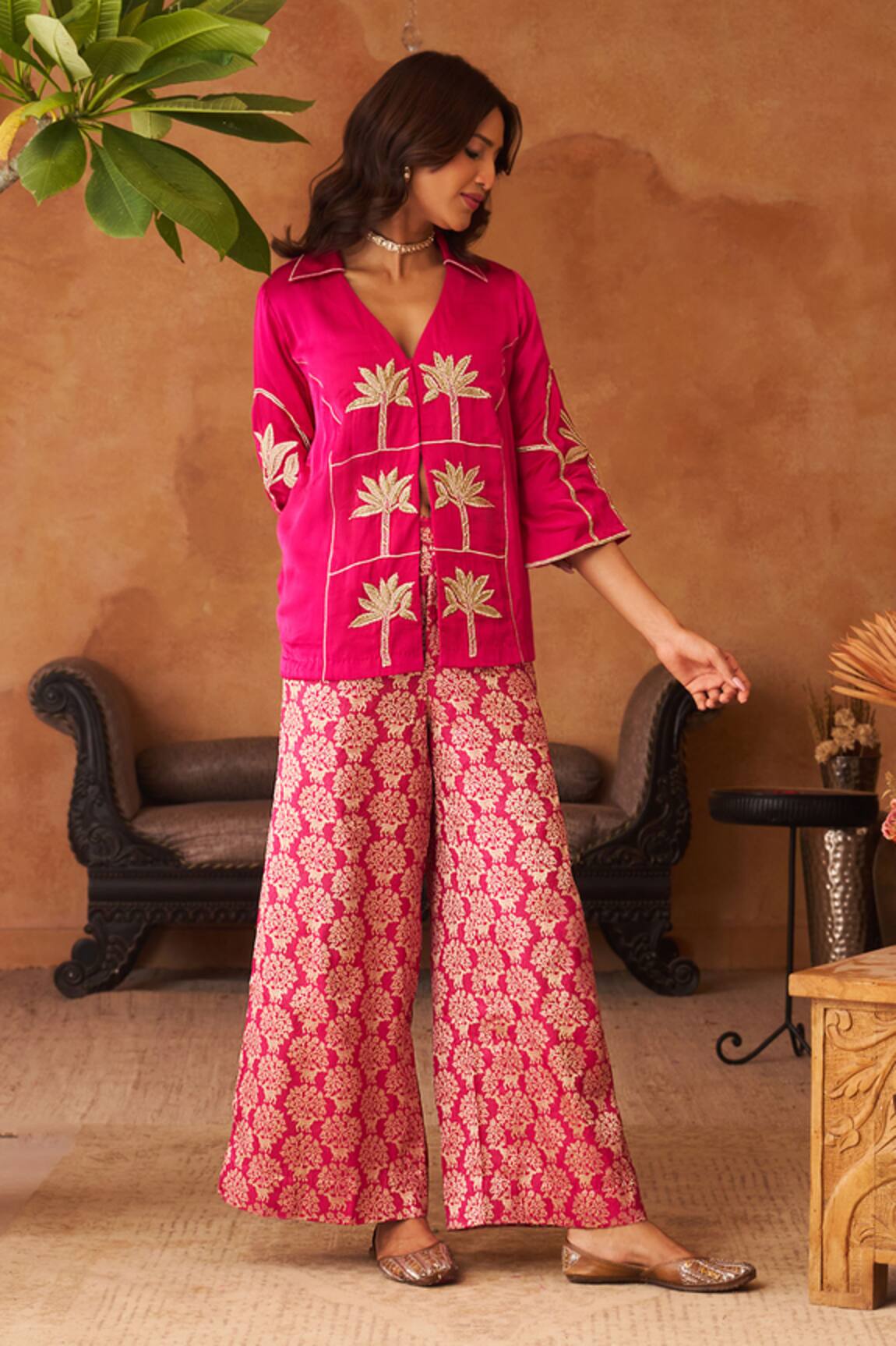 Neitri Rasika Palm Tree Embroidered Kurta & Brocade Pant Set 