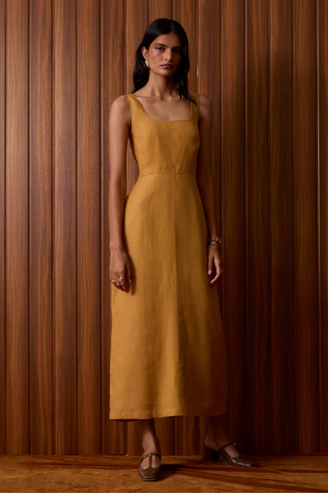 The Summer House Glasswing Mustard Linen Dress 