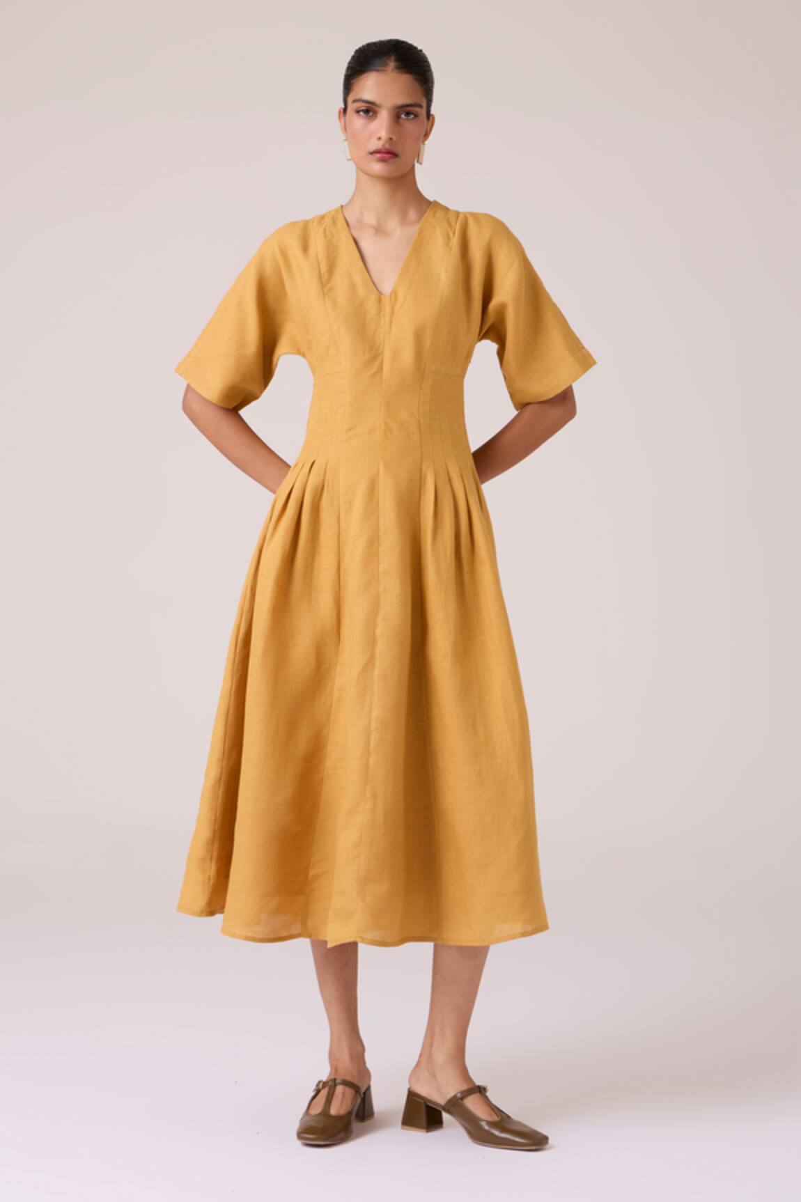 The Summer House Selene Mustard Linen Dress 