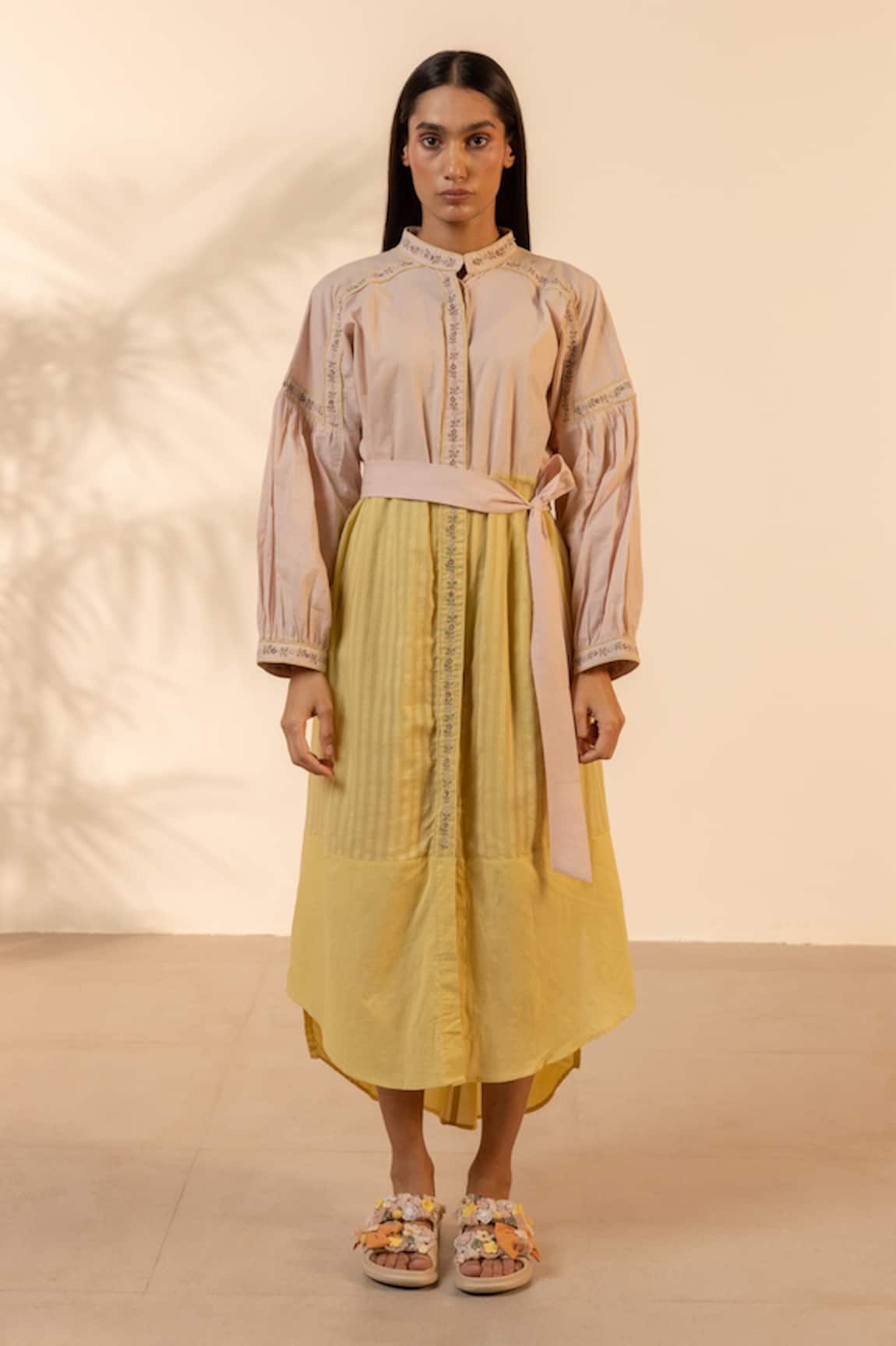OurDve Citrus Embroidered Striped Dress With Belt