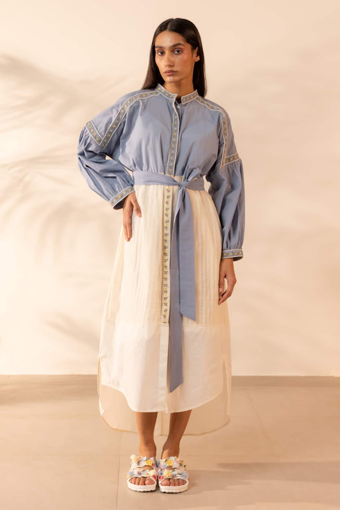 OurDve Citrus Embroidered Cotton Dress With Belt