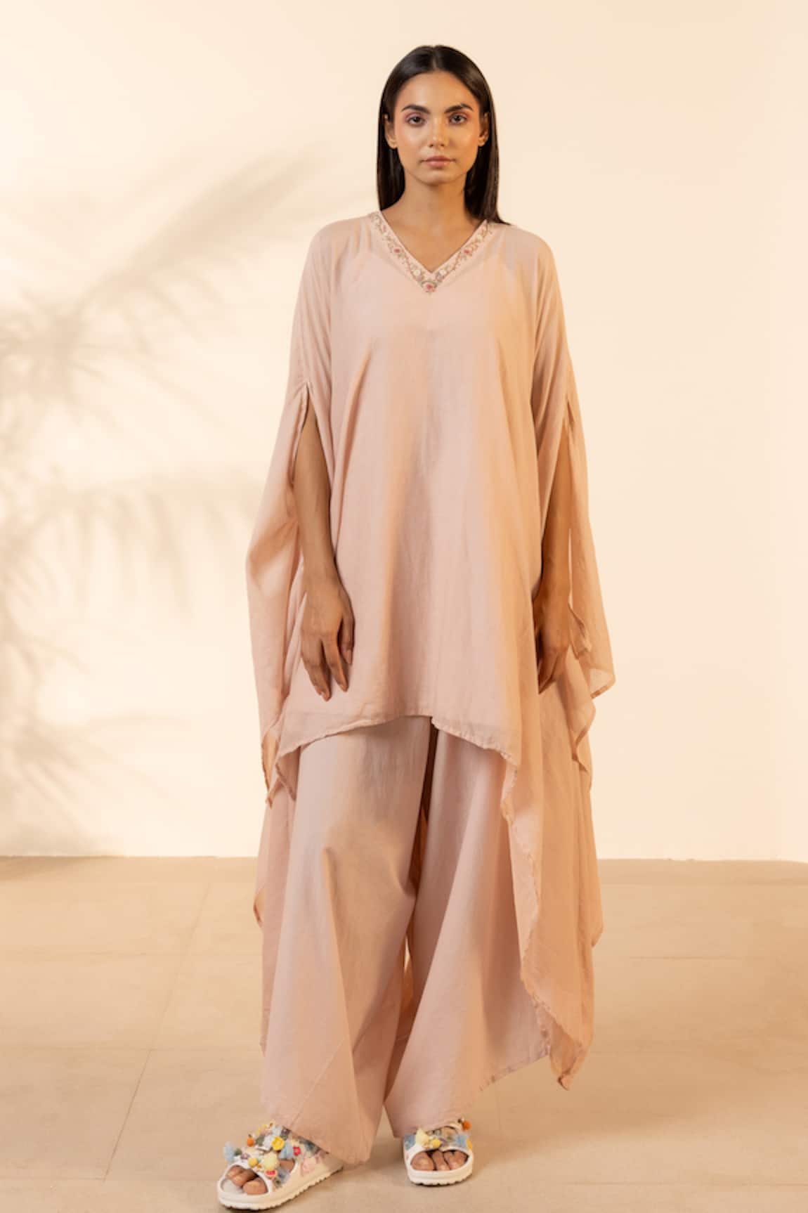 OurDve Lemon Embroidered V-Neck Kaftan & Pant Set