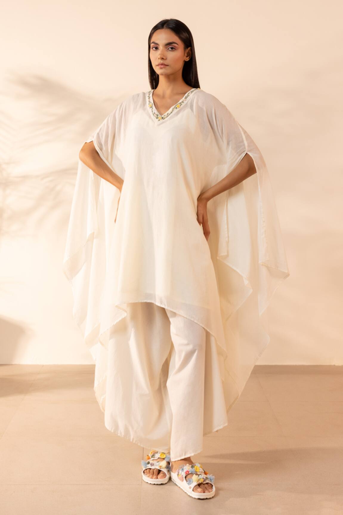 OurDve Lemon Embroidered V-Neck Kaftan & Pant Set