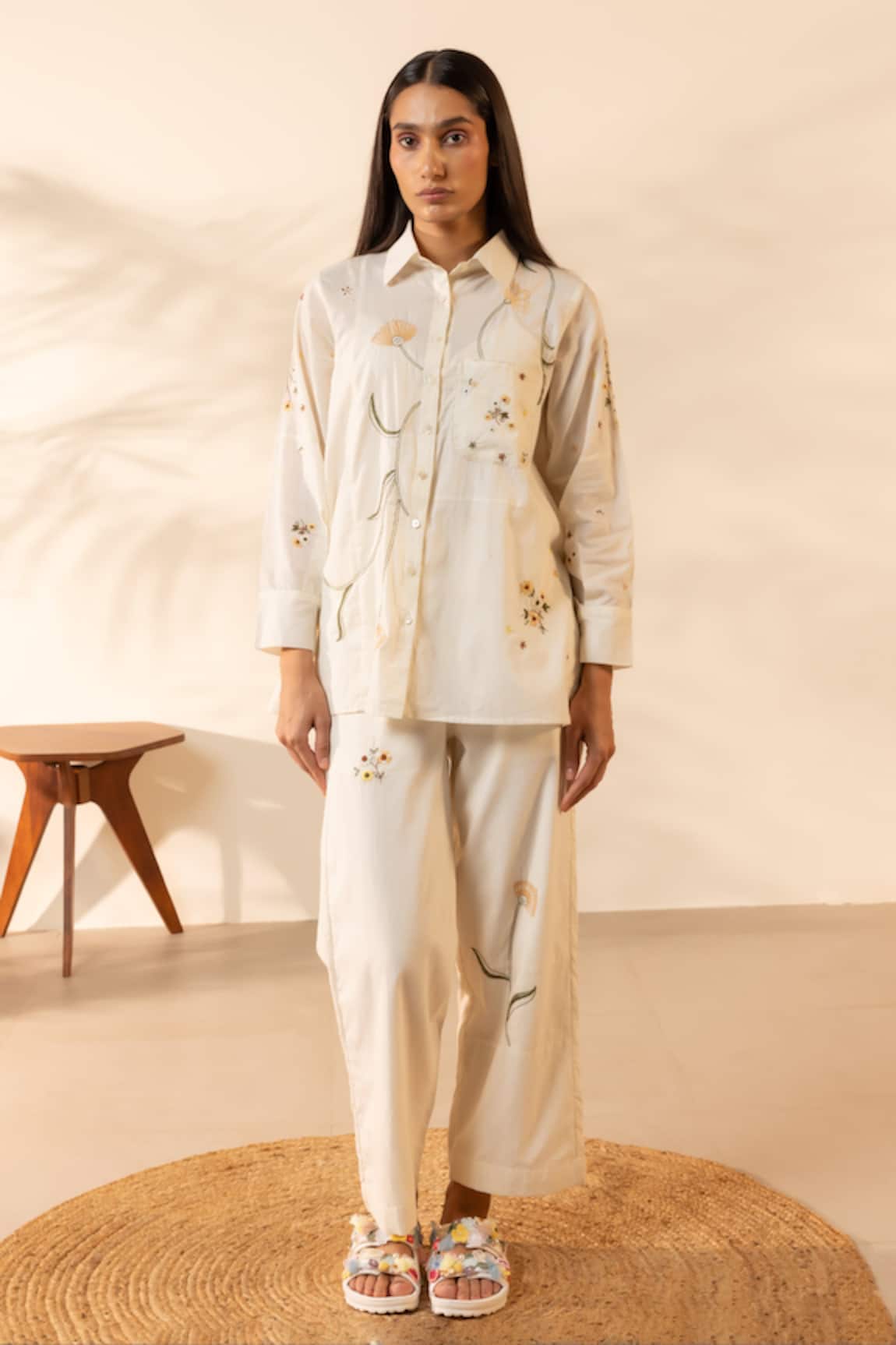 OurDve Apricot Floral Embroidered Shirt & Pant Set