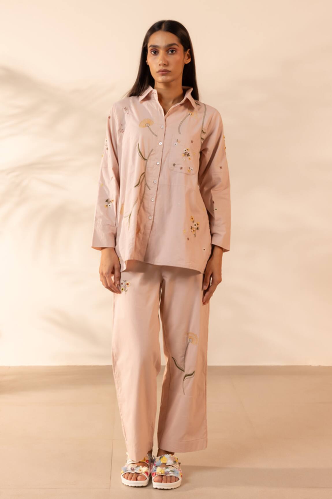 OurDve Apricot Floral Embroidered Shirt & Pant Set