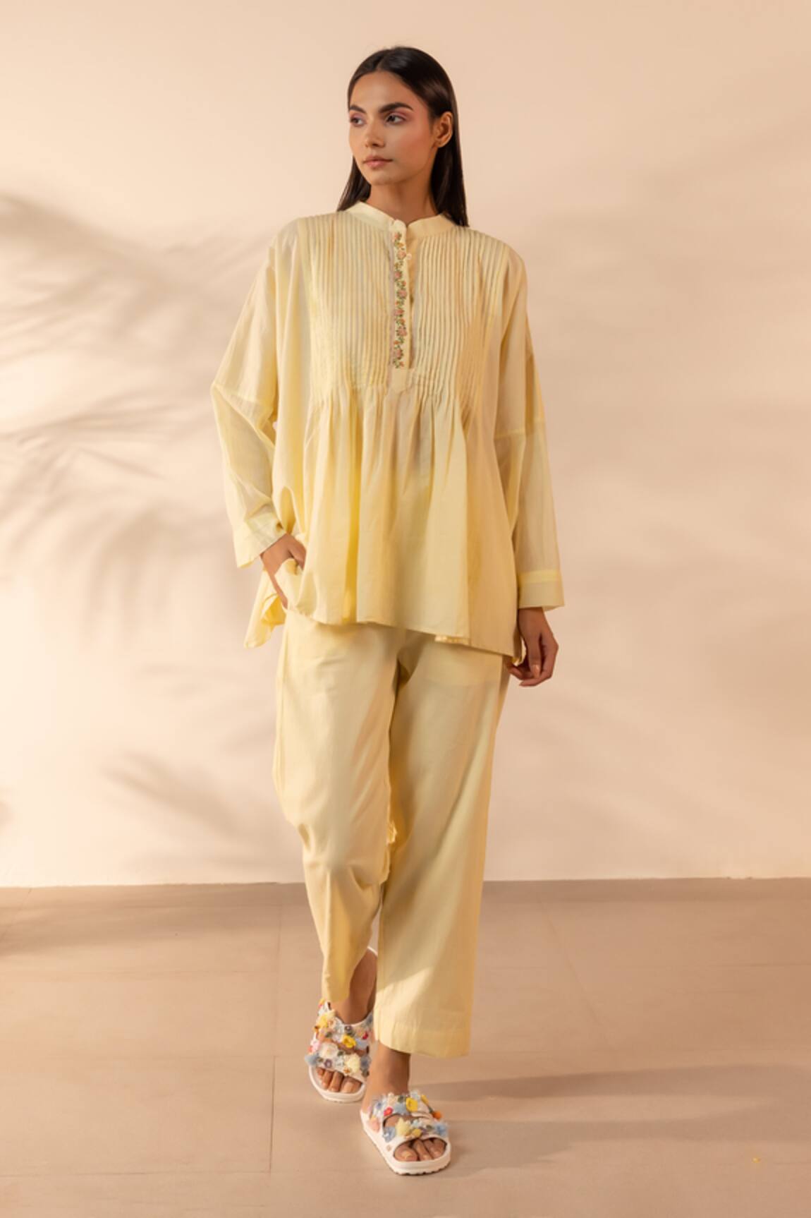 OurDve Drizzle Pintuck & Floral Embroidered Top With Pant