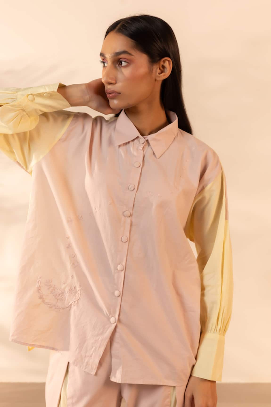 OurDve Breeze Embroidered Cotton Colorblock Shirt