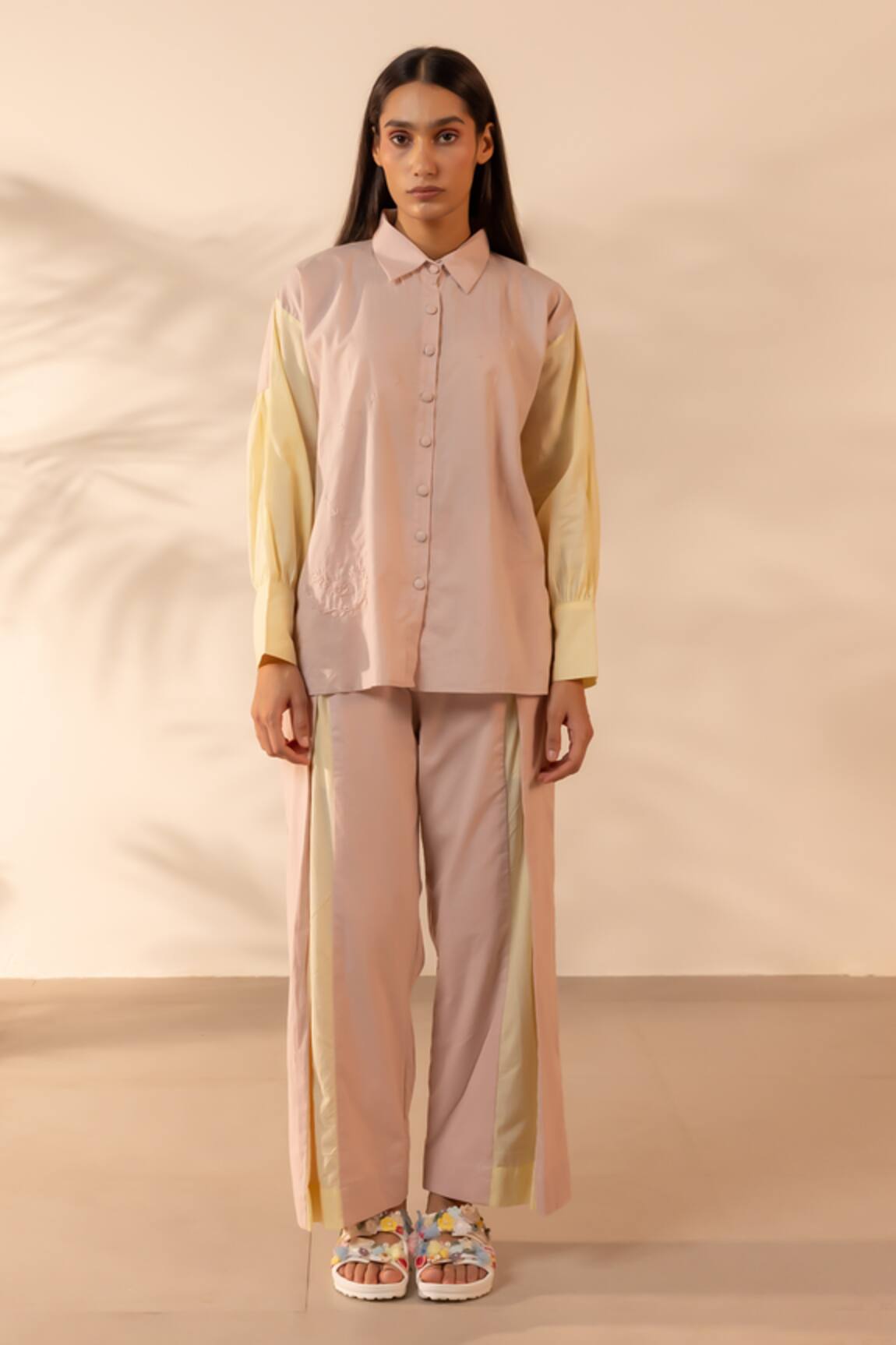 OurDve Breeze Embroidered Colorblock Shirt & Pant Set