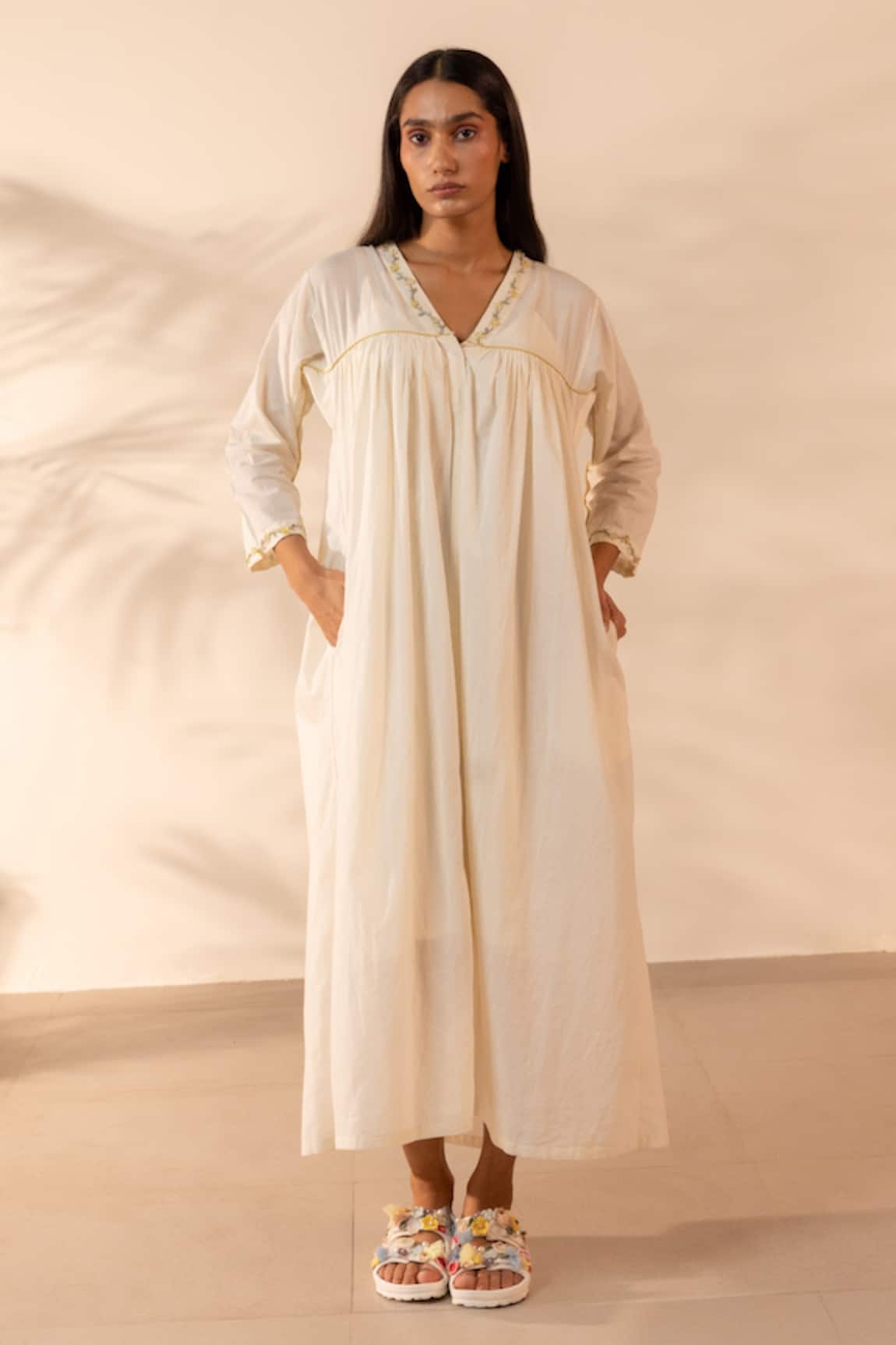 OurDve Ivoey Embroidered Gathered Cotton Dress