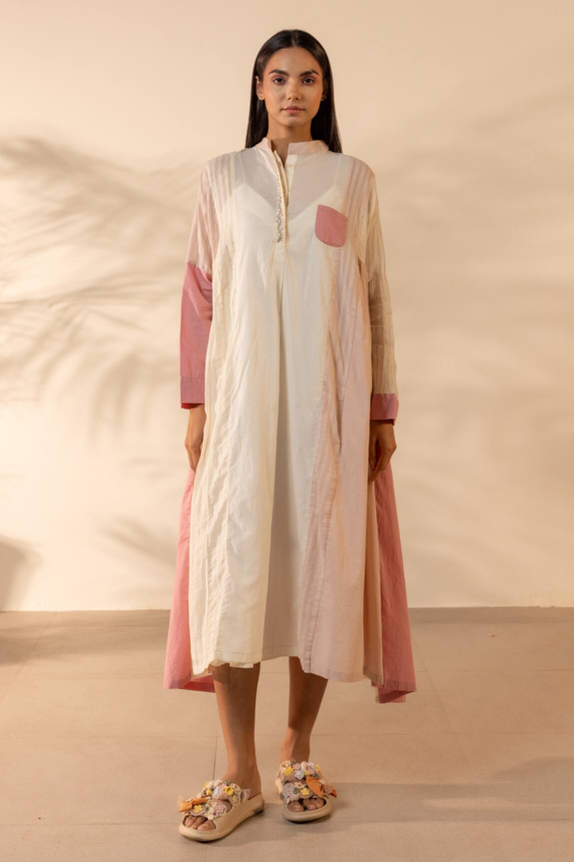 OurDve Blush Wind Striped & Solid Panelled Cotton Dress