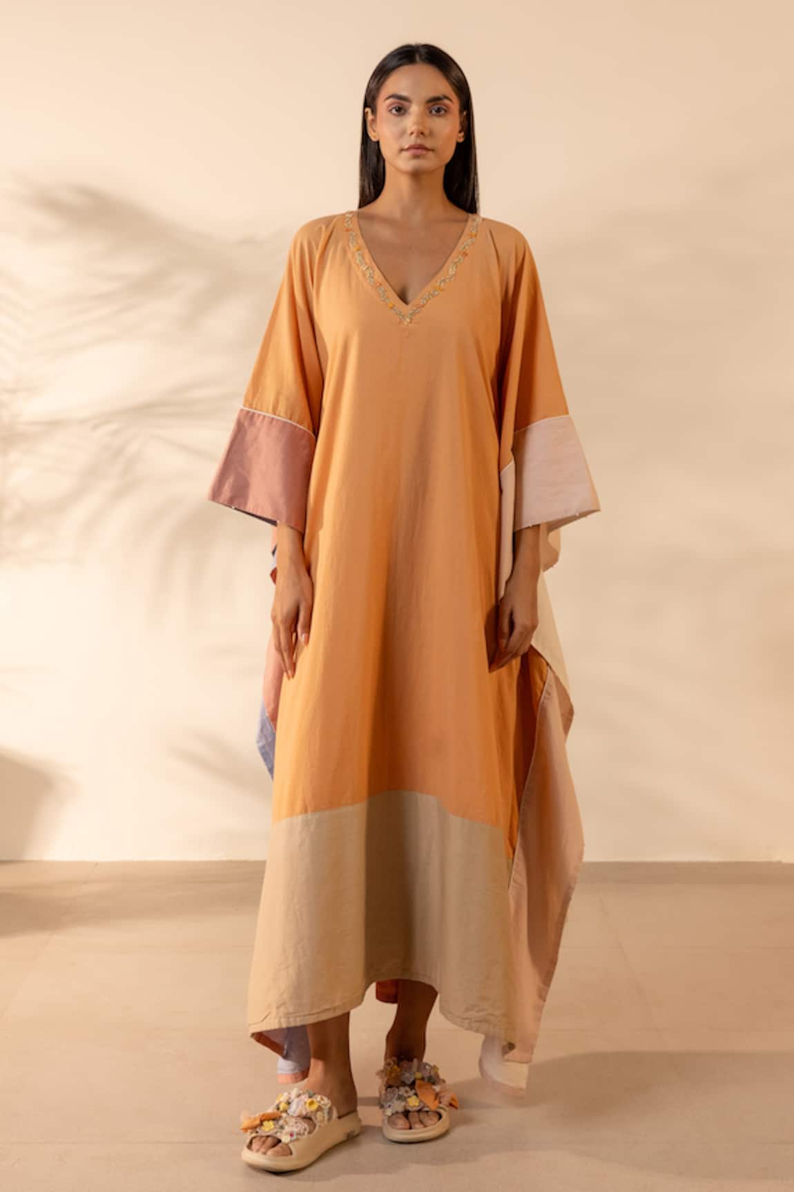 OurDve Orange Peel V Neck Embroidered Colorblock Kaftan