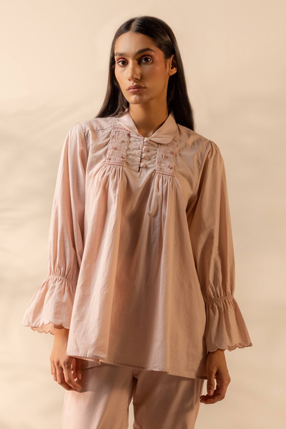OurDve Zesty Smocked & Scallop Cotton Top