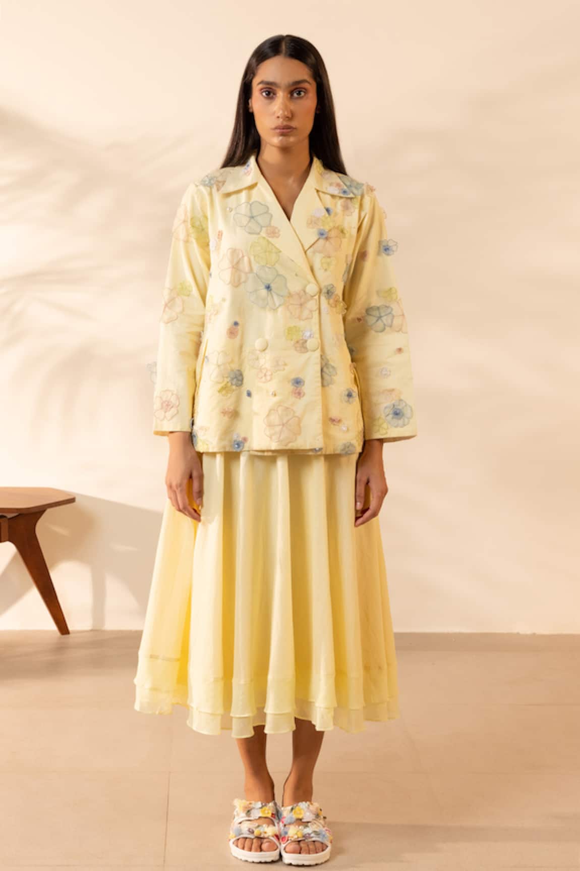 OurDve Lush Floral Applique Double Breasted Jacket