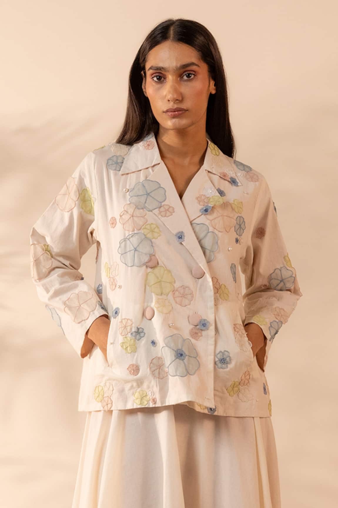 OurDve Lush Floral Applique Double Breasted Jacket