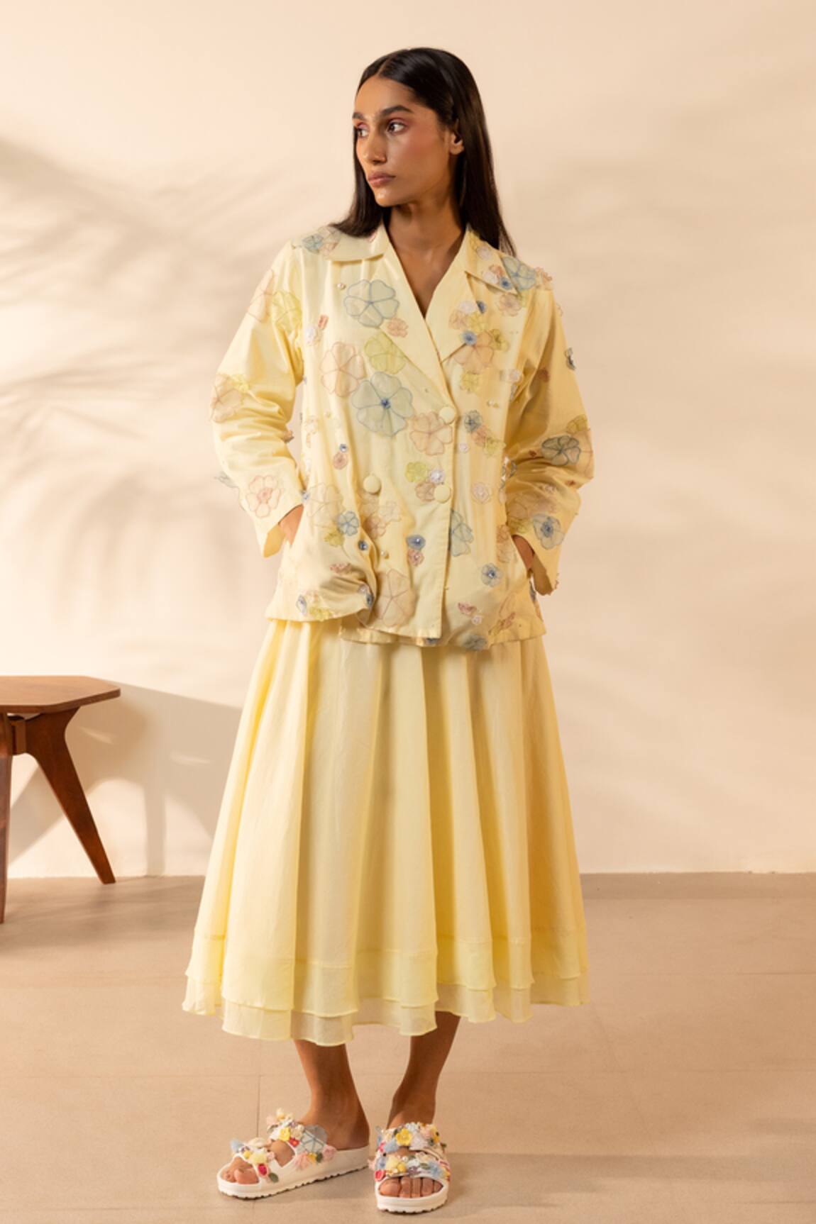 OurDve Lush Floral Applique Double Breasted Jacket With Skirt