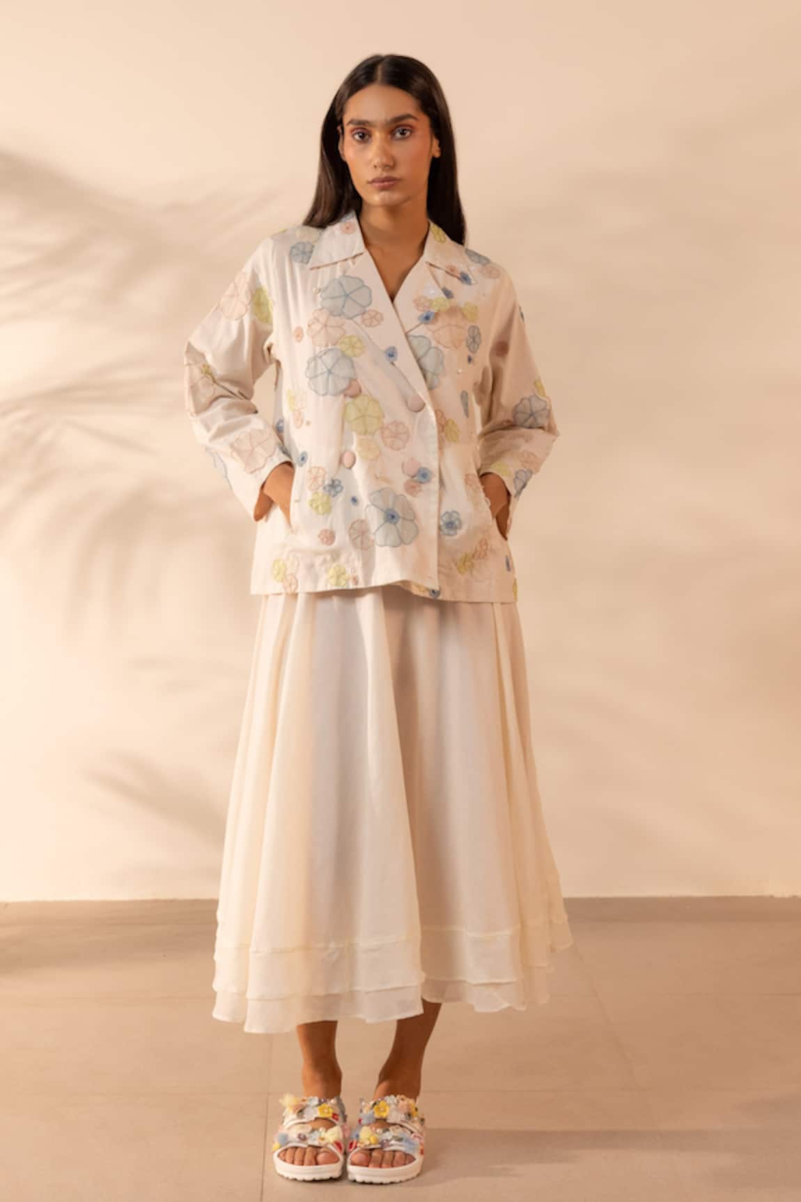 OurDve Lush Floral Applique Jacket & Skirt Set