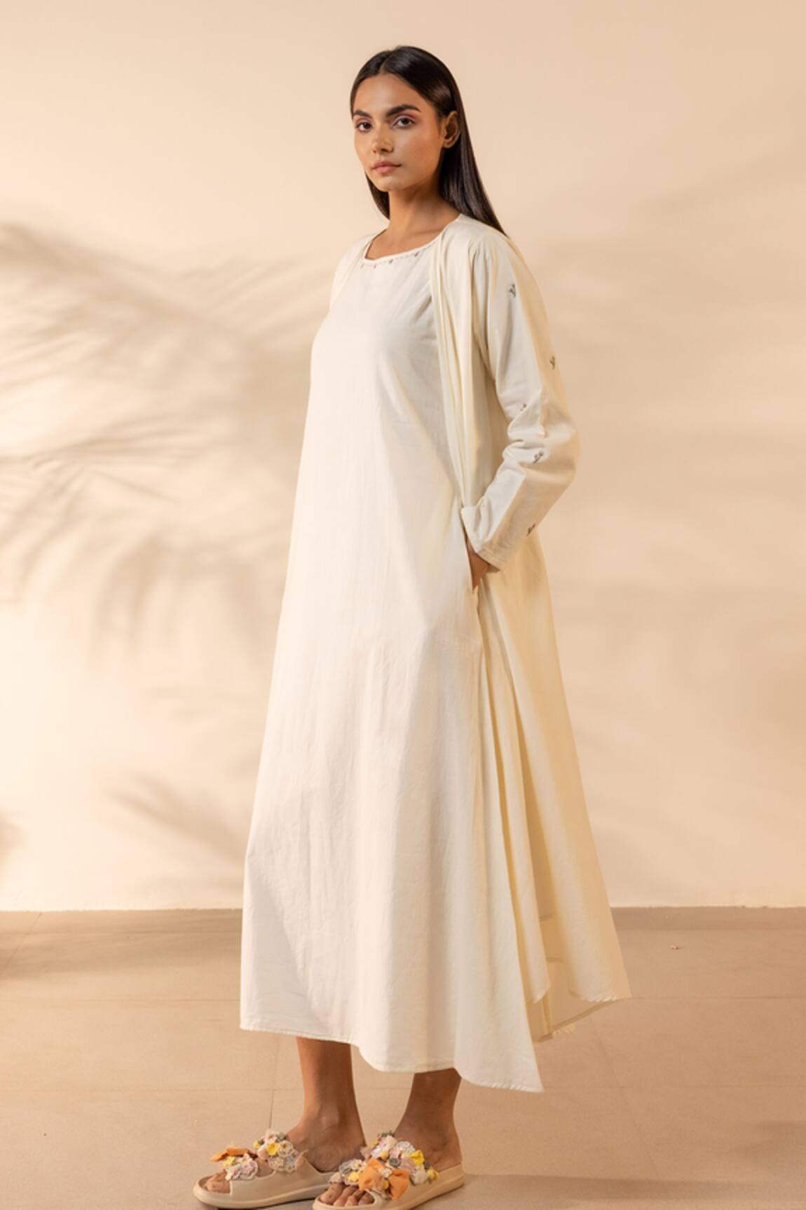 OurDve Saffron Sky Embroidered Cotton Dress