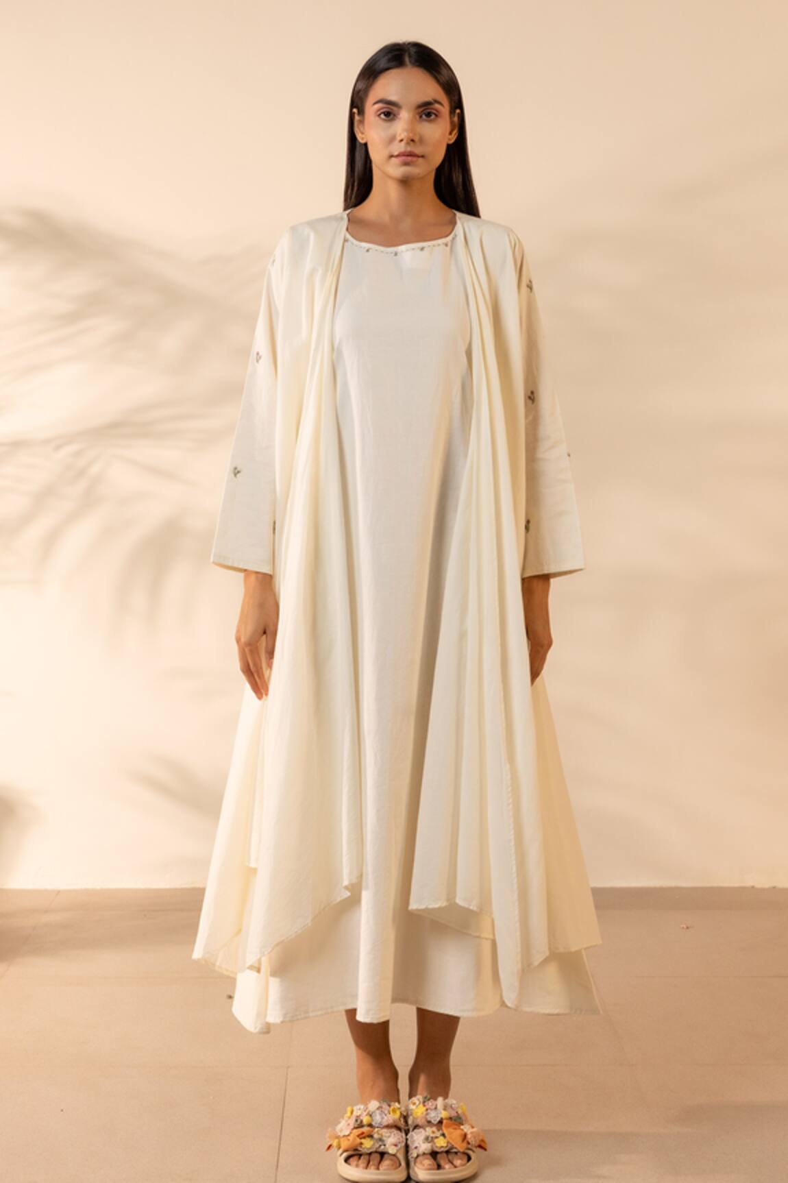 OurDve Saffron Sky Embroidered Cotton Dress & Shrug Set