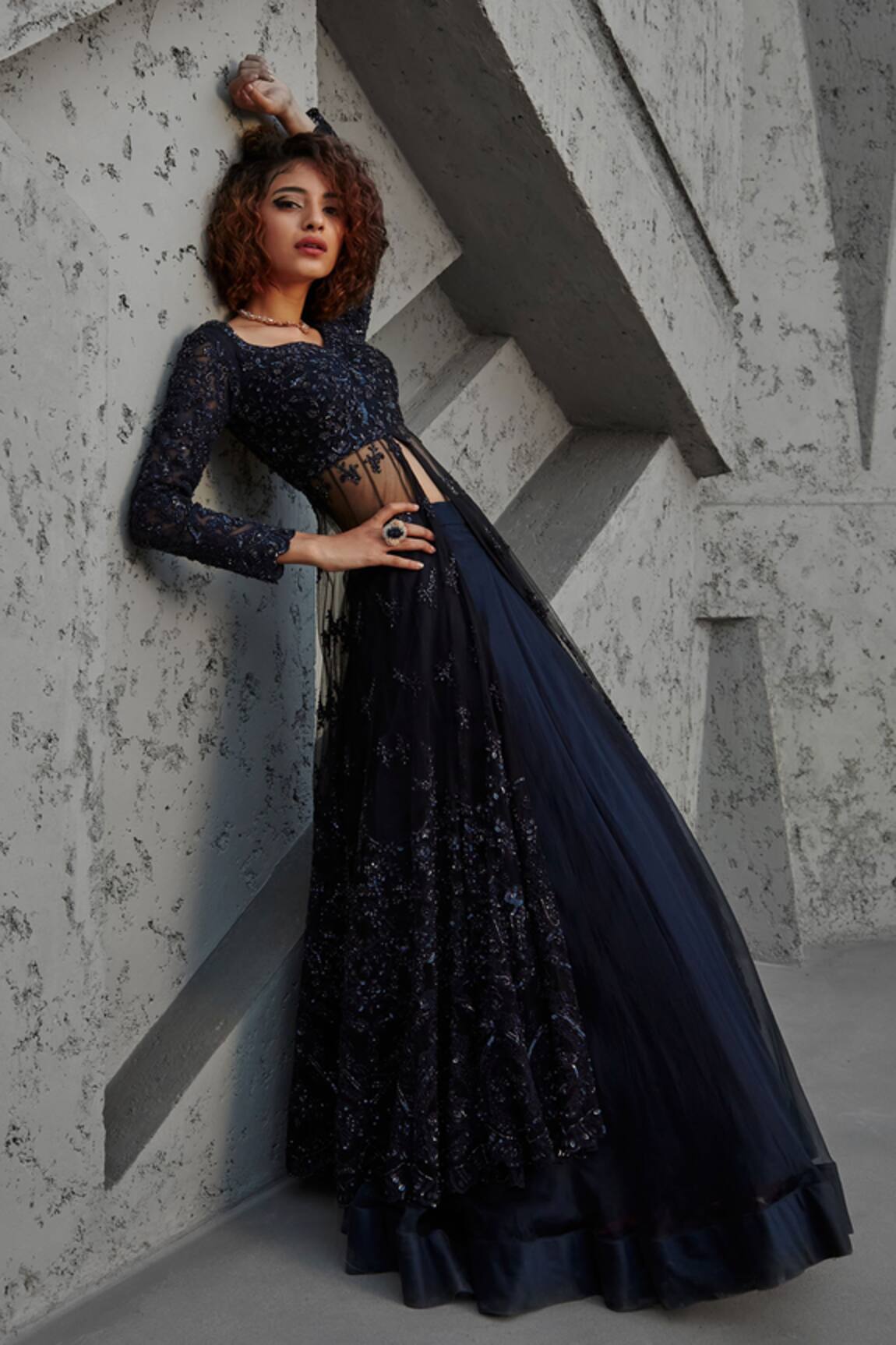 Jigar Mali Embroidered Net Anarkali & Skirt Set 