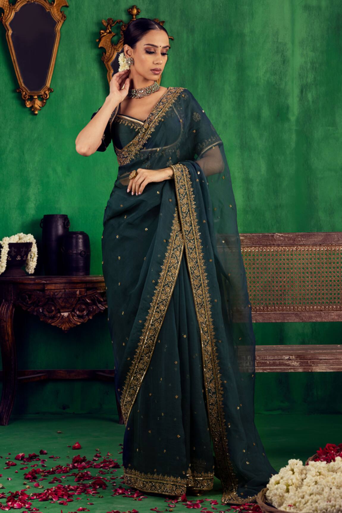 Jigar Mali Embroidered Organza Saree & Blouse Set 