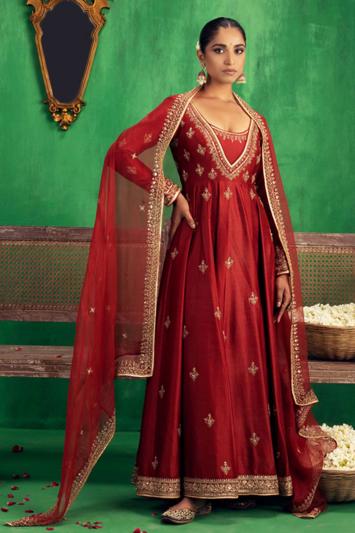 Jigar Mali Embroidered Chanderi Anarkali Churidar Set 