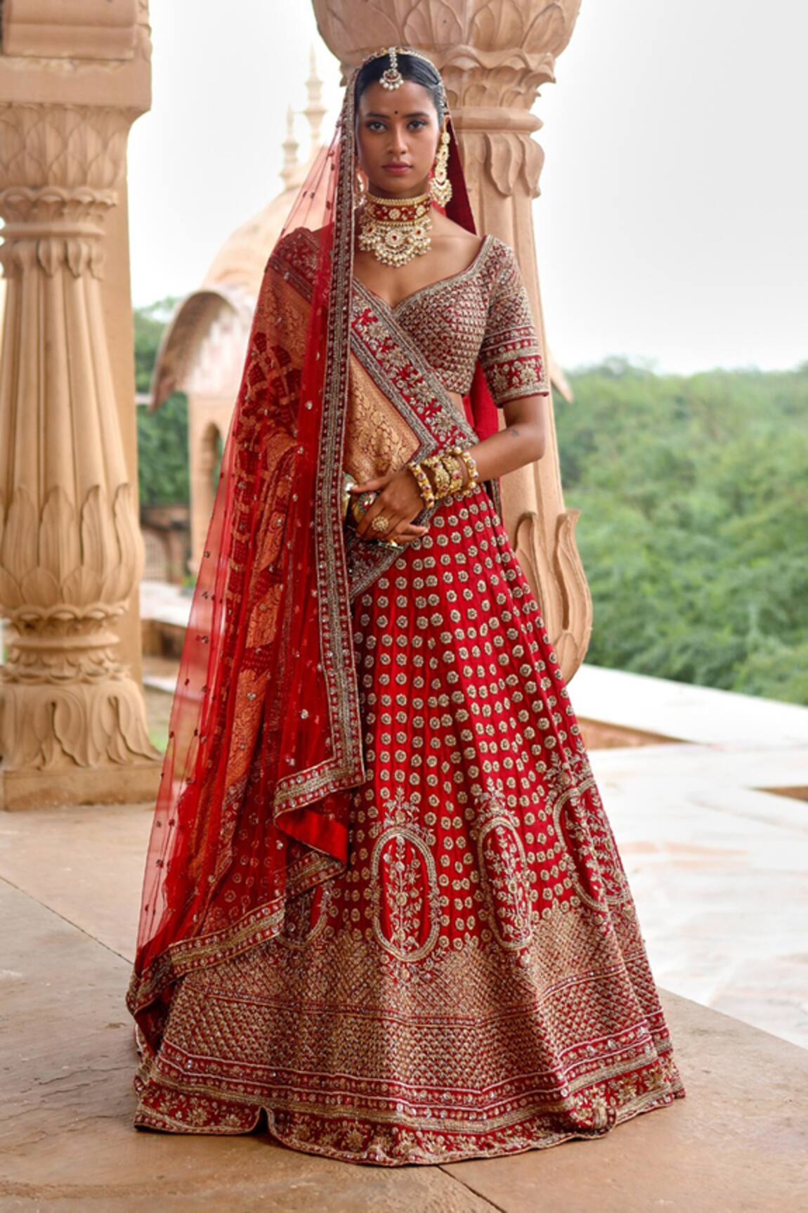 Jigar Mali Embroidered Raw Silk Lehenga Set With Dupattas 