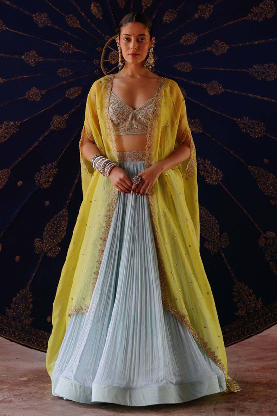 Jigar Mali Embroidered Blouse, Pleated Sharara & Cape Set 